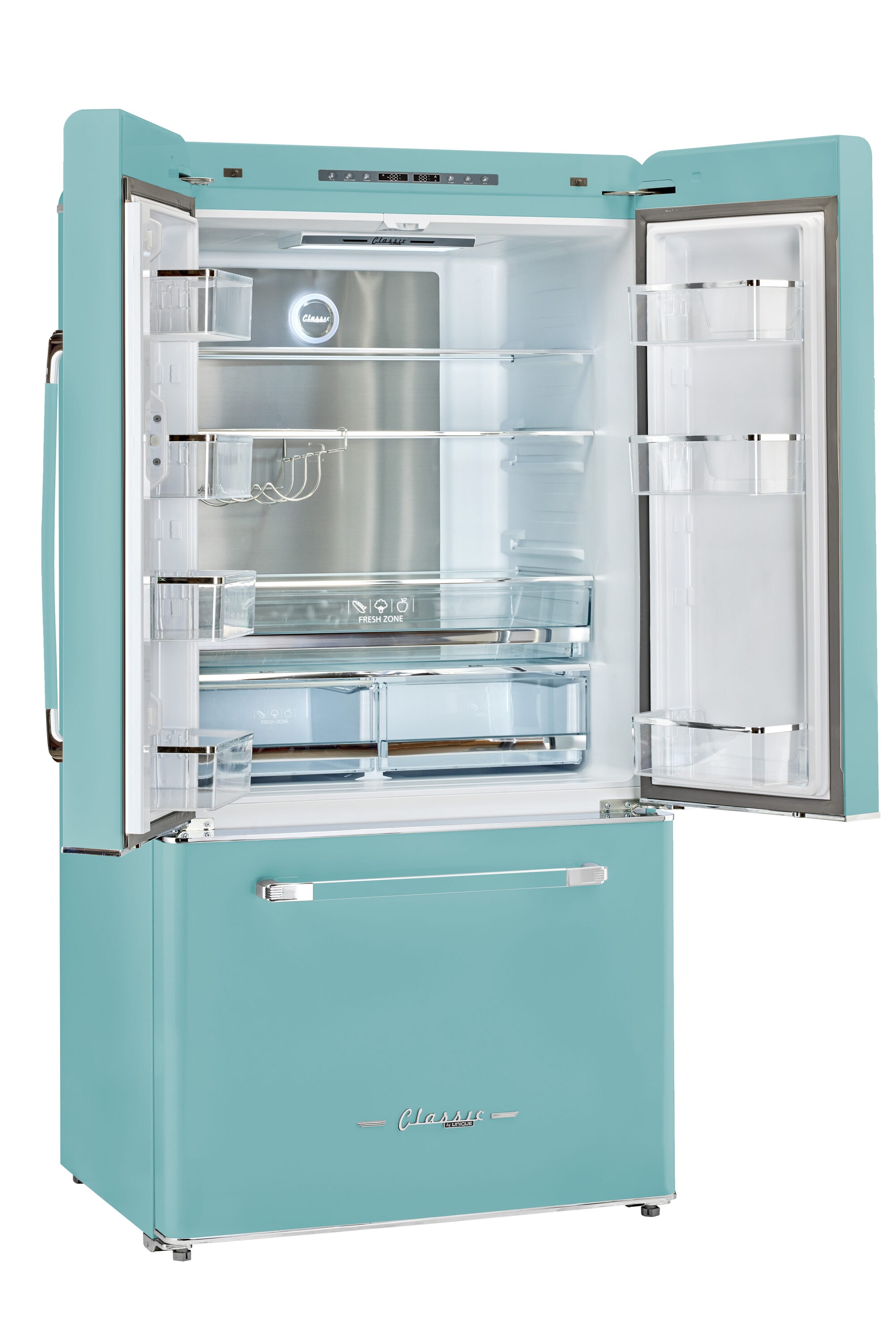 Refrigerador francés de 3 puertas estilo retro clásico UNIQUE con dispensador de hielo (Turquesa Bruma Oceánica)
