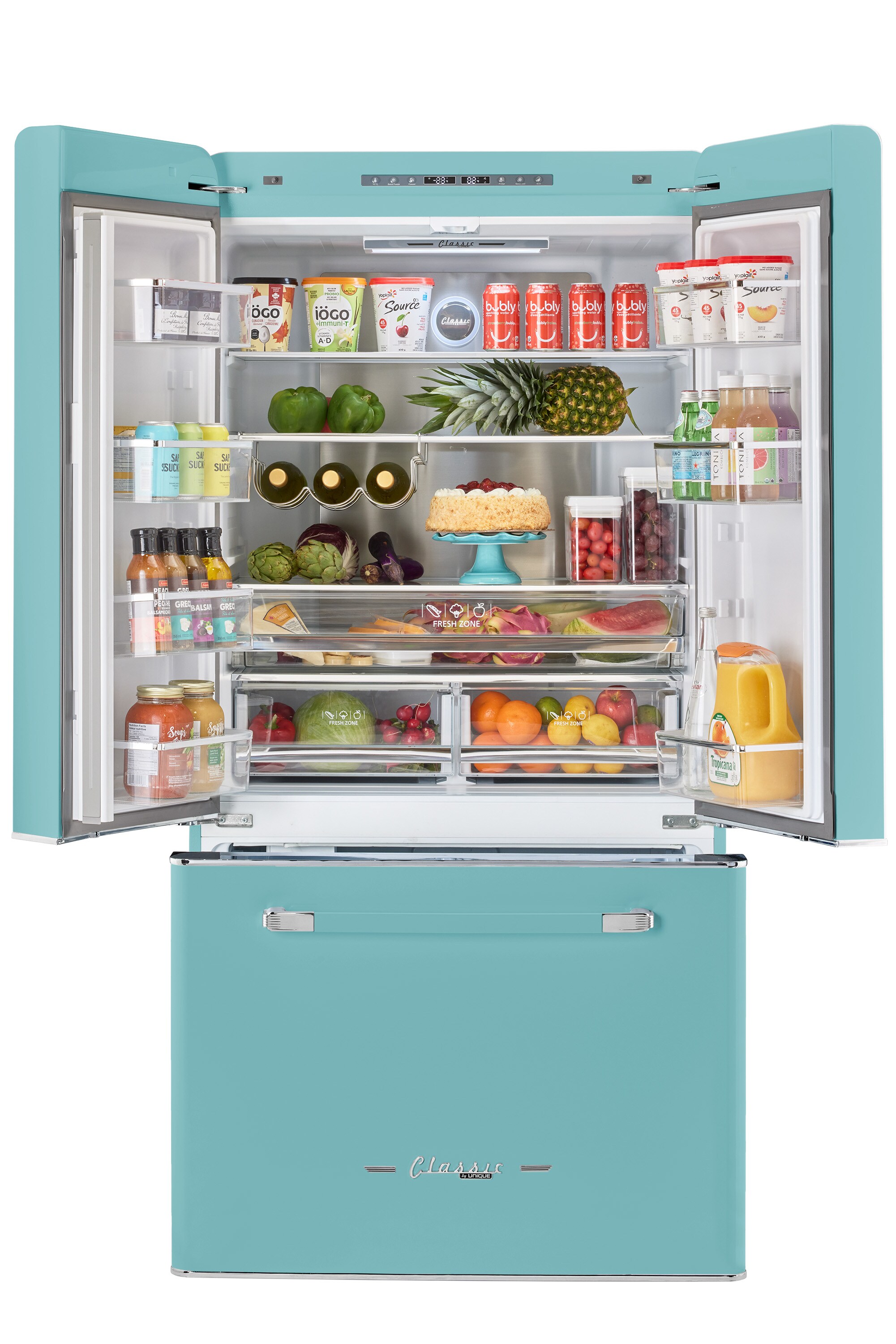 Refrigerador francés de 3 puertas estilo retro clásico UNIQUE con dispensador de hielo (Turquesa Bruma Oceánica)
