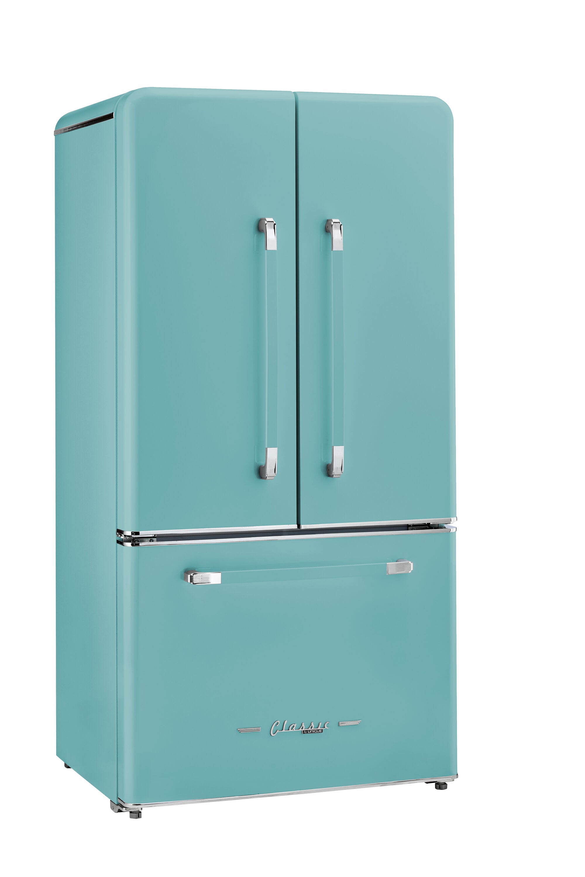 Refrigerador francés de 3 puertas estilo retro clásico UNIQUE con dispensador de hielo (Turquesa Bruma Oceánica)