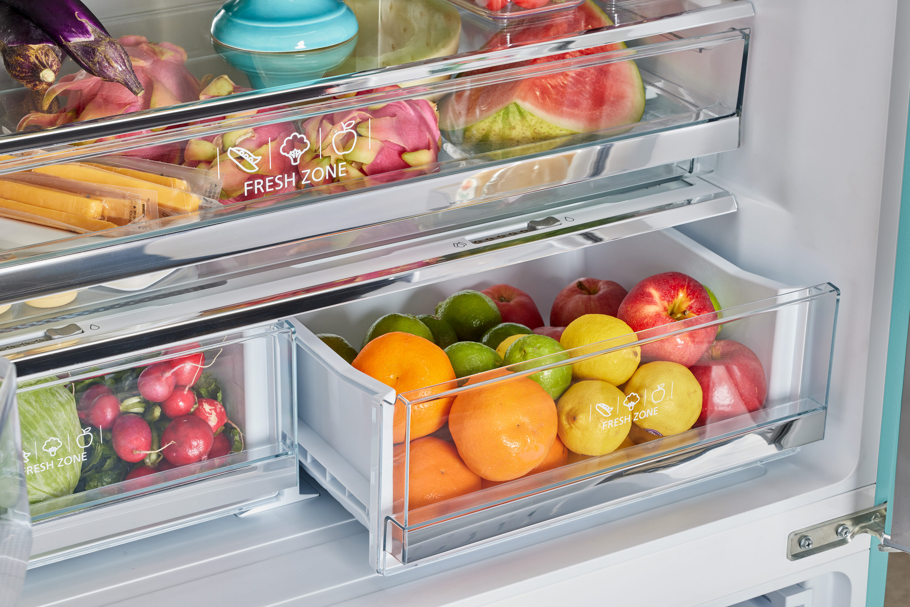 Refrigerador francés de 3 puertas estilo retro clásico UNIQUE con dispensador de hielo (Turquesa Bruma Oceánica)