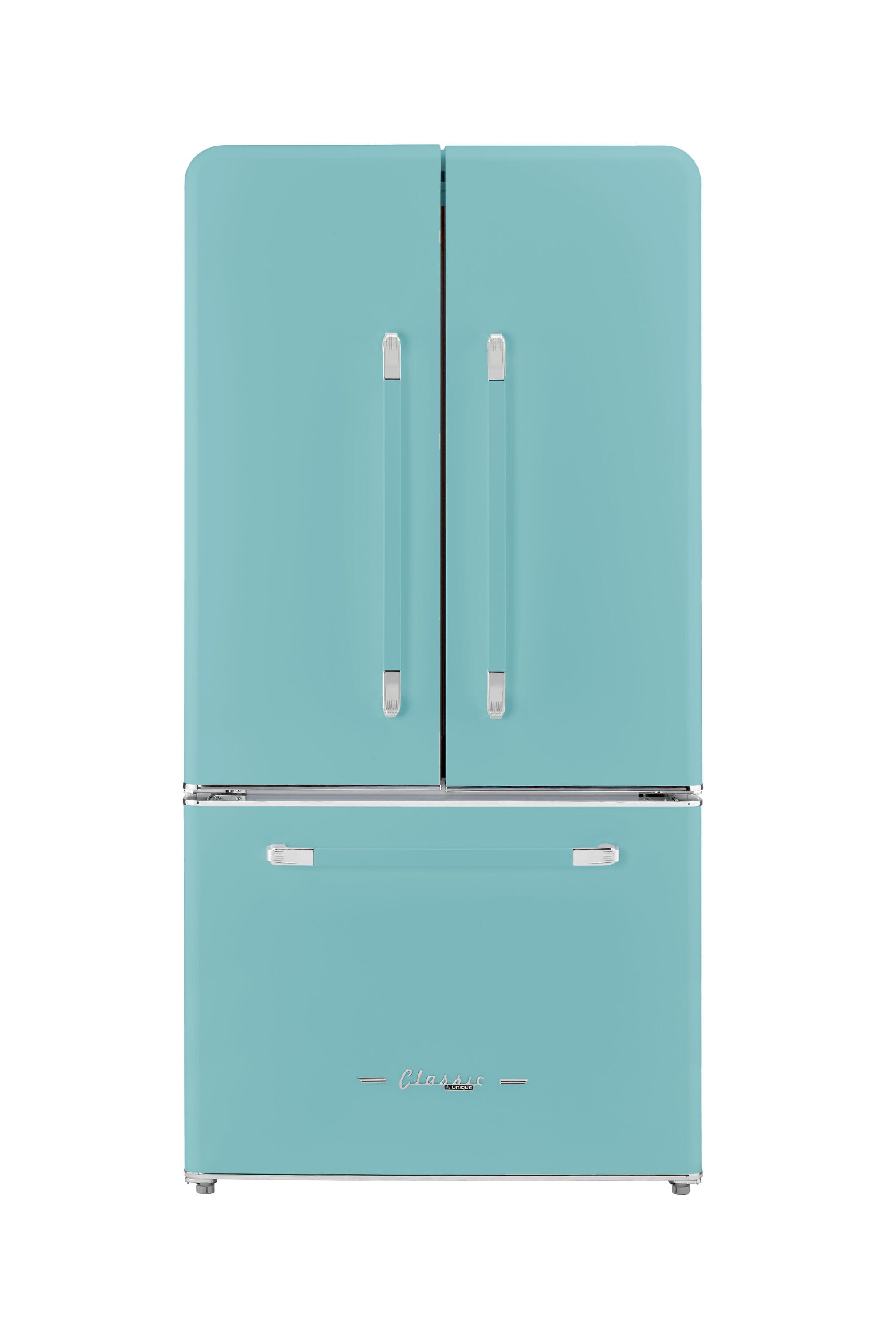 Refrigerador francés de 3 puertas estilo retro clásico UNIQUE con dispensador de hielo (Turquesa Bruma Oceánica)