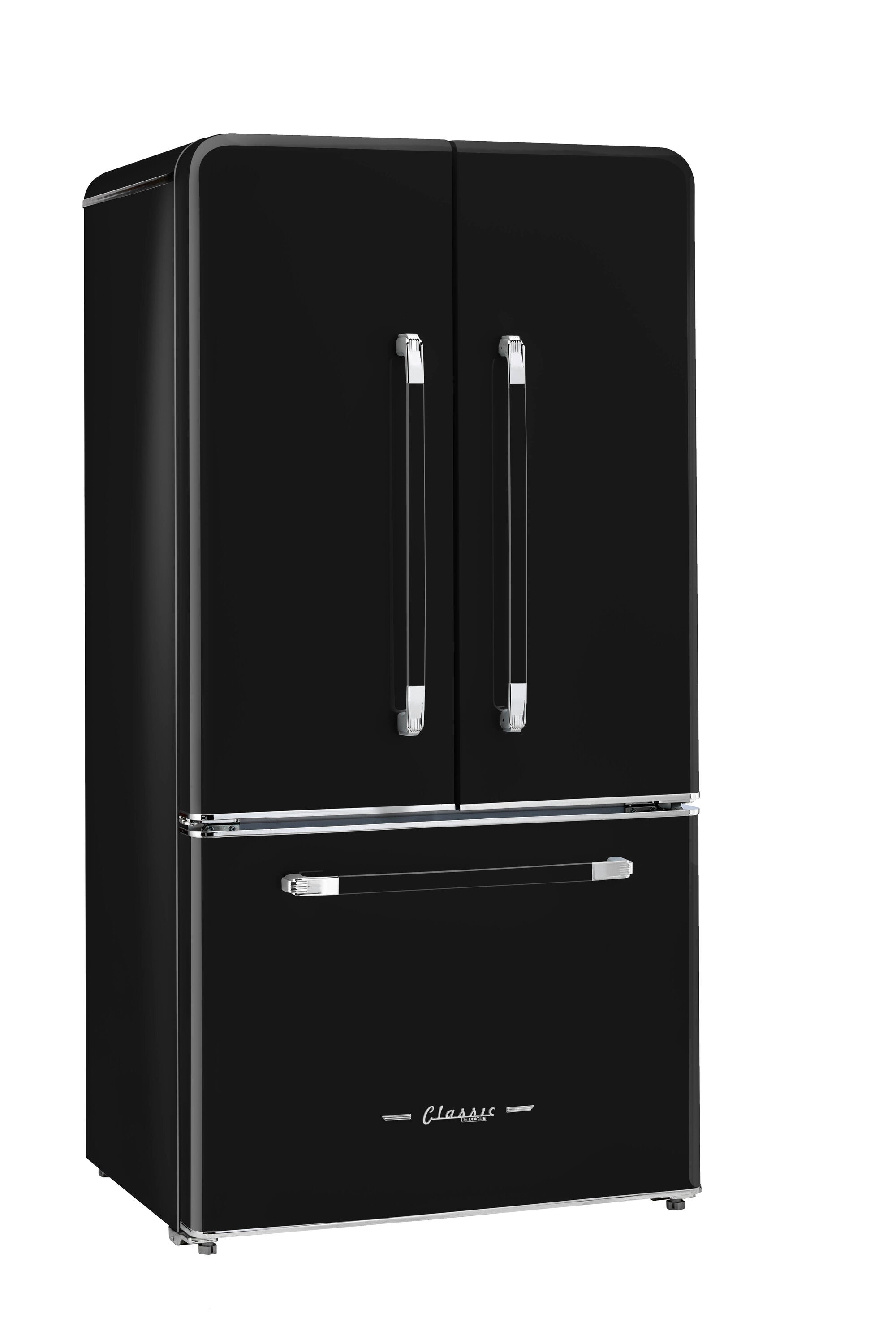 Refrigerador Francés de 3 Puertas Retro Clásico ÚNICO de Profundidad Contrapesada de 21.4 pies cúbicos con Fabricador y Dispensador de Hielo (Negro Medianoche) Certificado ENERGY STAR UGP-595L B AC