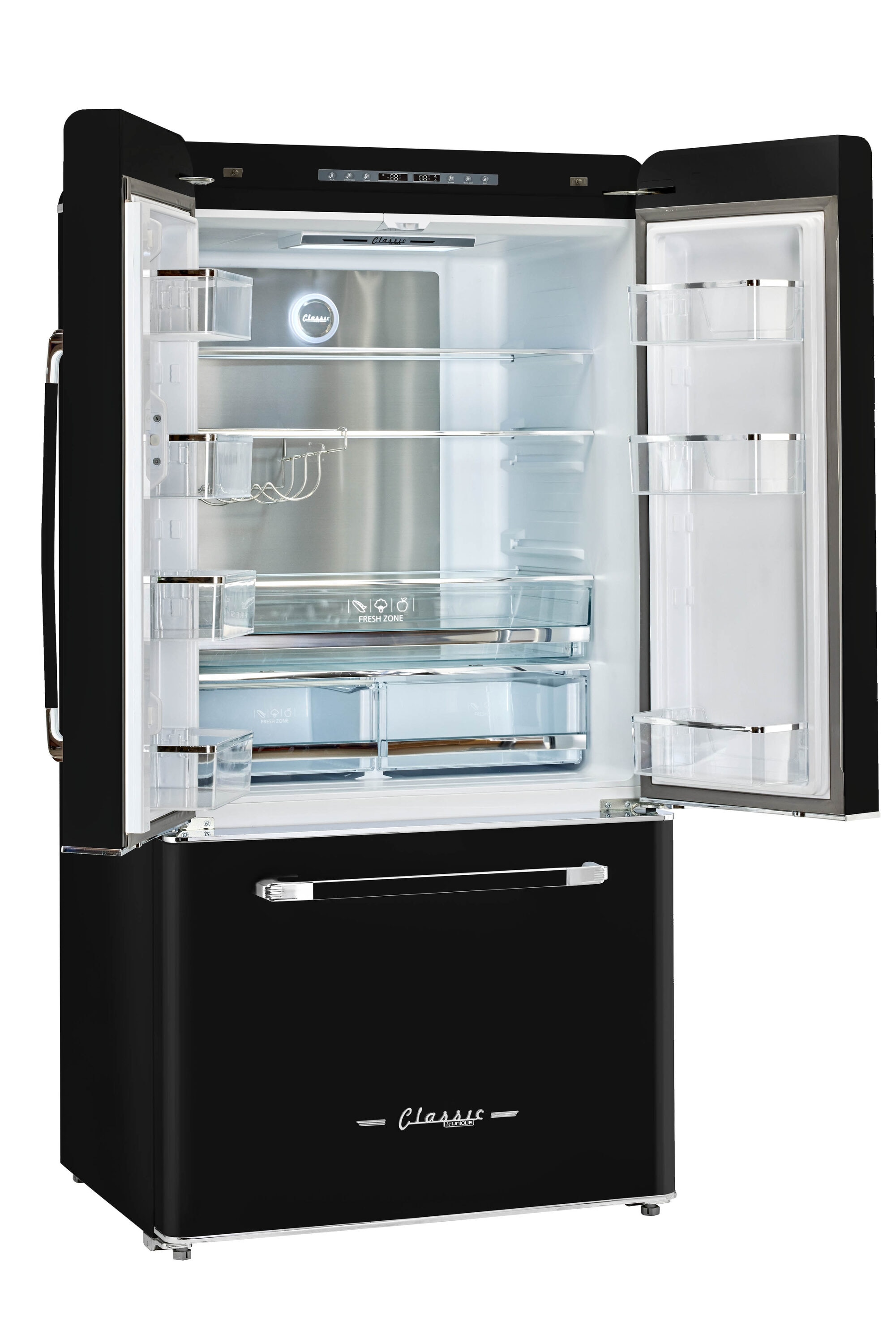 Refrigerador Francés de 3 Puertas Retro Clásico ÚNICO de Profundidad Contrapesada de 21.4 pies cúbicos con Fabricador y Dispensador de Hielo (Negro Medianoche) Certificado ENERGY STAR UGP-595L B AC