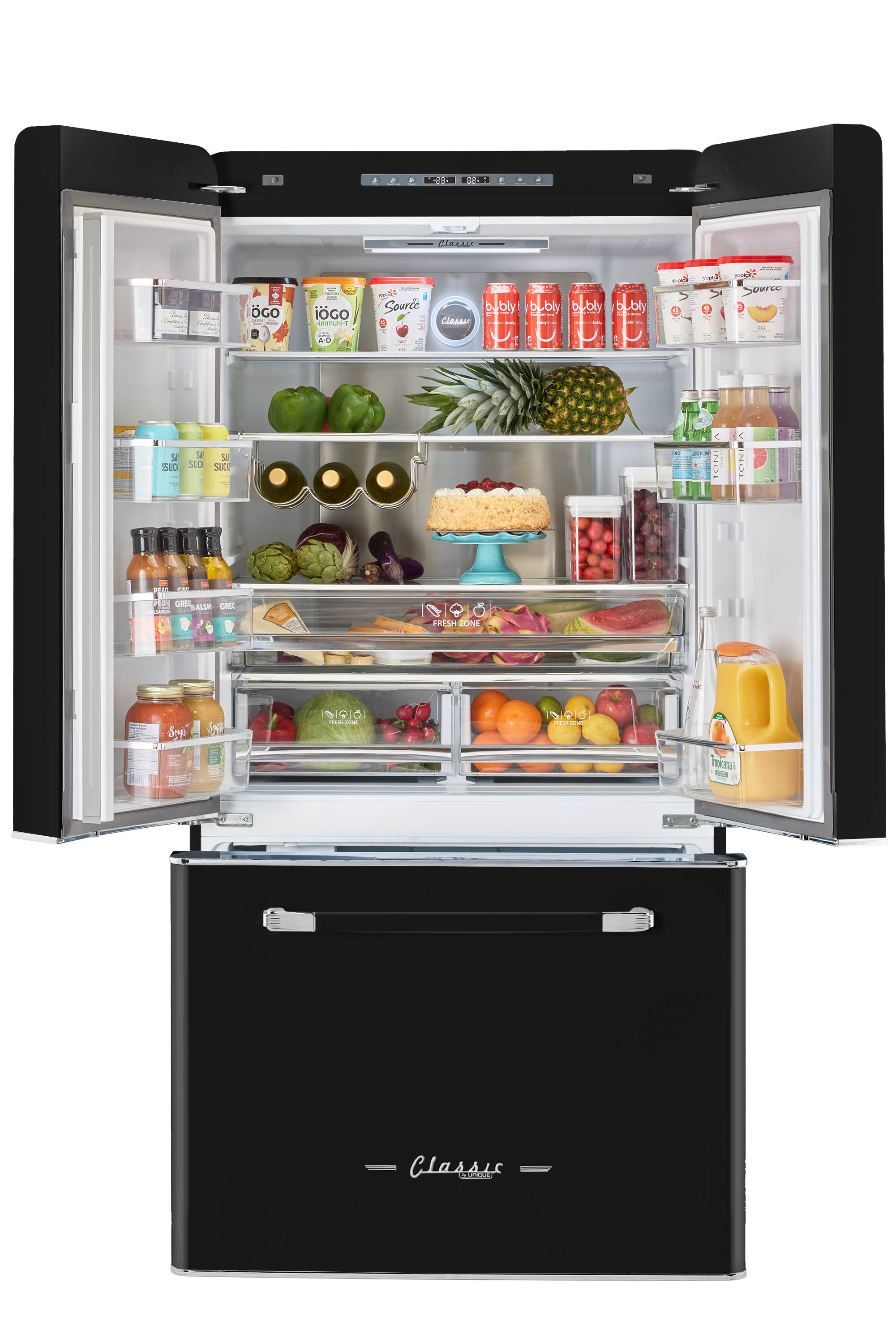 Refrigerador Francés de 3 Puertas Retro Clásico ÚNICO de Profundidad Contrapesada de 21.4 pies cúbicos con Fabricador y Dispensador de Hielo (Negro Medianoche) Certificado ENERGY STAR UGP-595L B AC