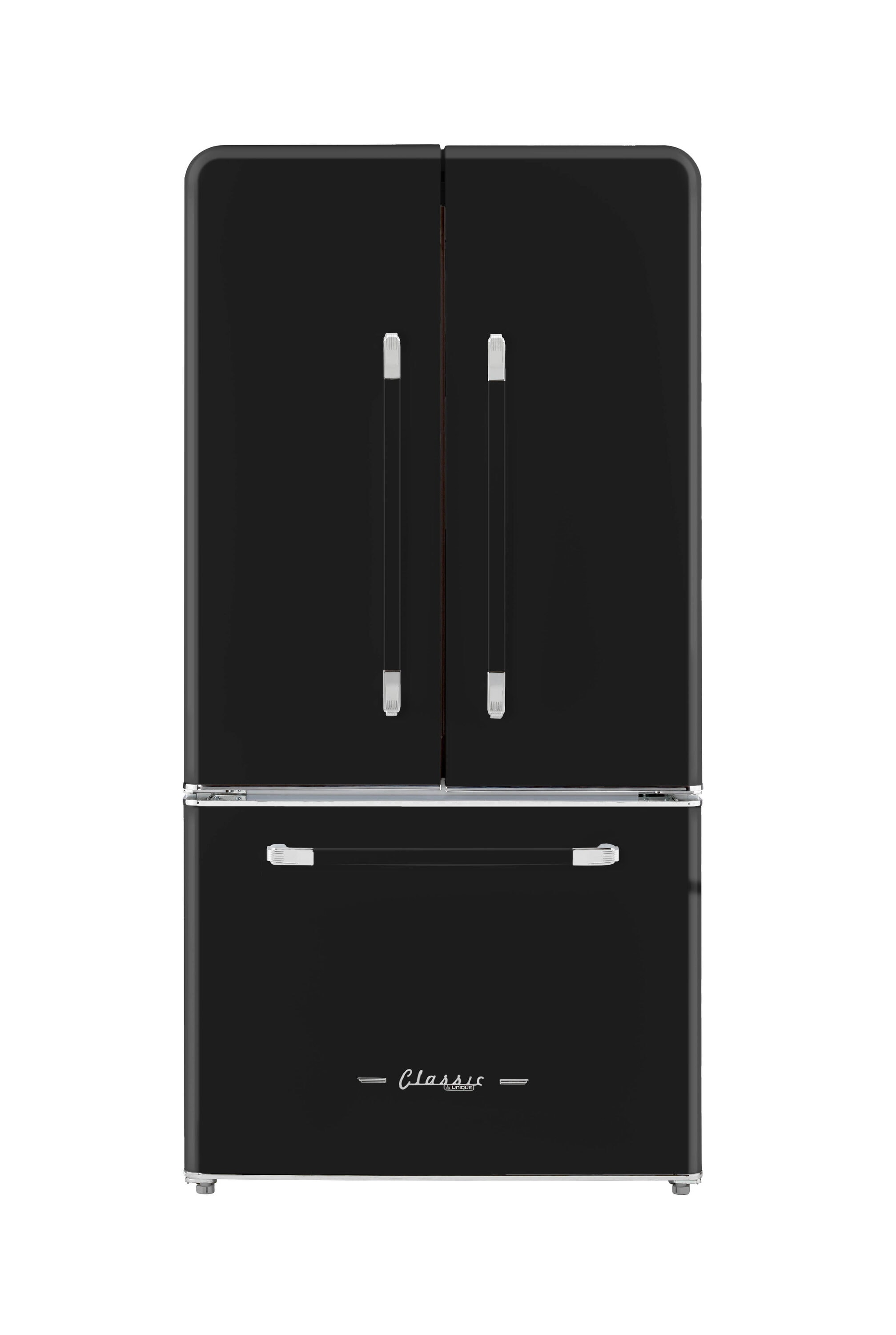 Refrigerador Francés de 3 Puertas Retro Clásico ÚNICO de Profundidad Contrapesada de 21.4 pies cúbicos con Fabricador y Dispensador de Hielo (Negro Medianoche) Certificado ENERGY STAR UGP-595L B AC