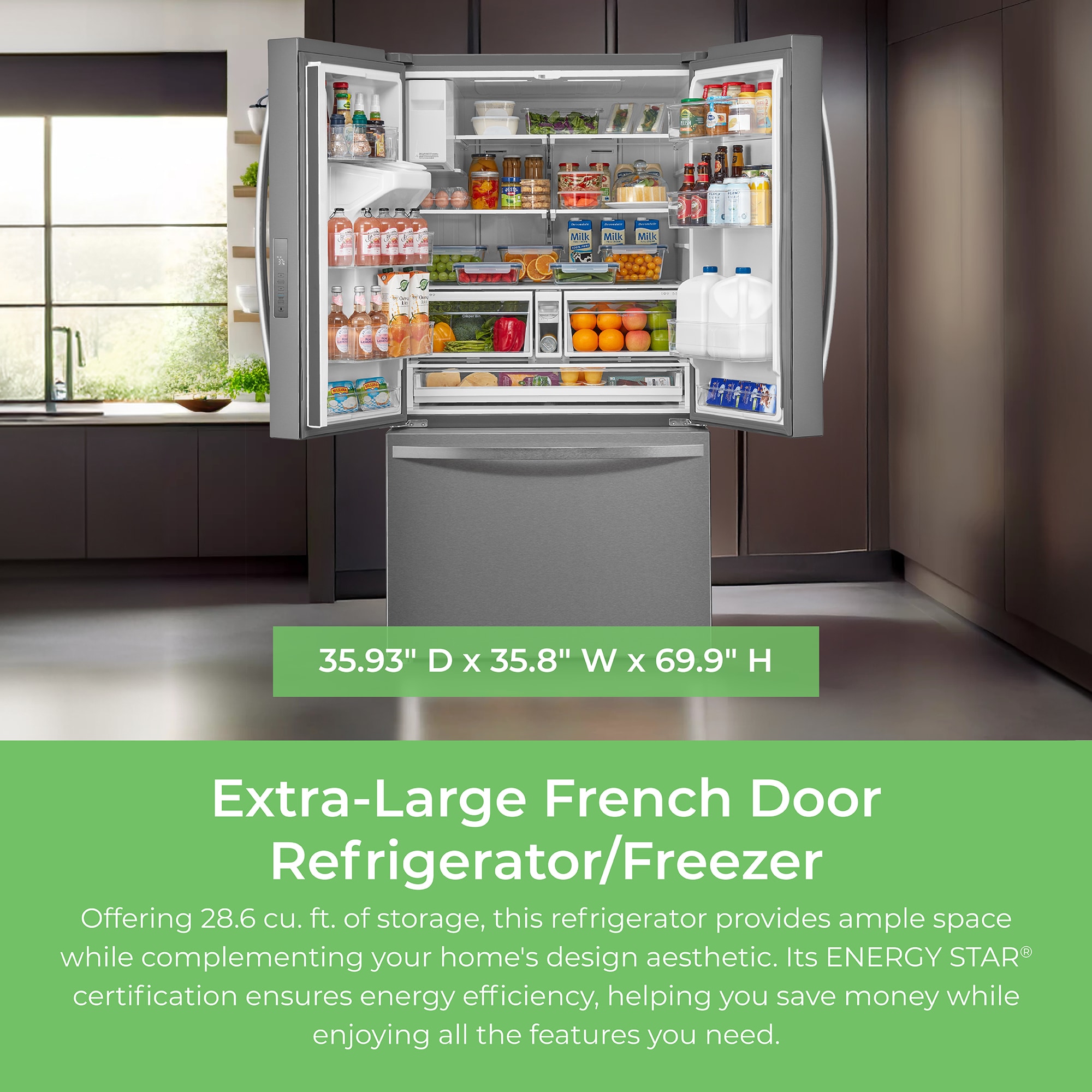 Refrigerador francés de puerta triple de profundidad estándar de 28.6 pies cúbicos con fabricador de hielo y dispensador de agua y hielo (acero inoxidable) certificado por ENERGY STAR 4675625