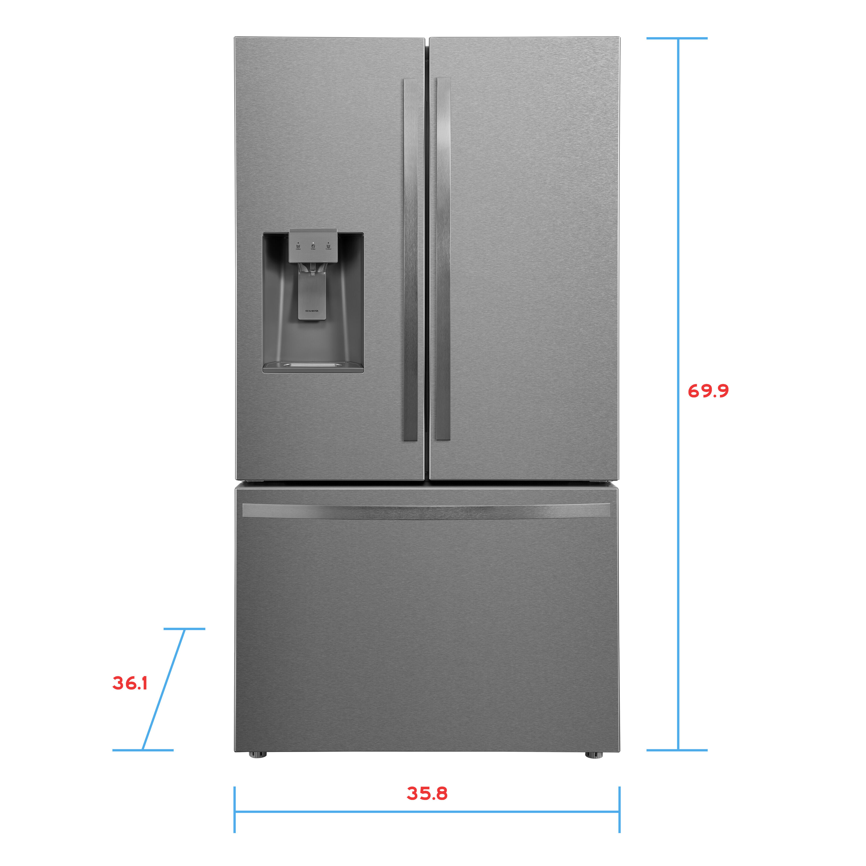 Refrigerador francés de puerta triple de profundidad estándar de 28.6 pies cúbicos con fabricador de hielo y dispensador de agua y hielo (acero inoxidable) certificado por ENERGY STAR 4675625