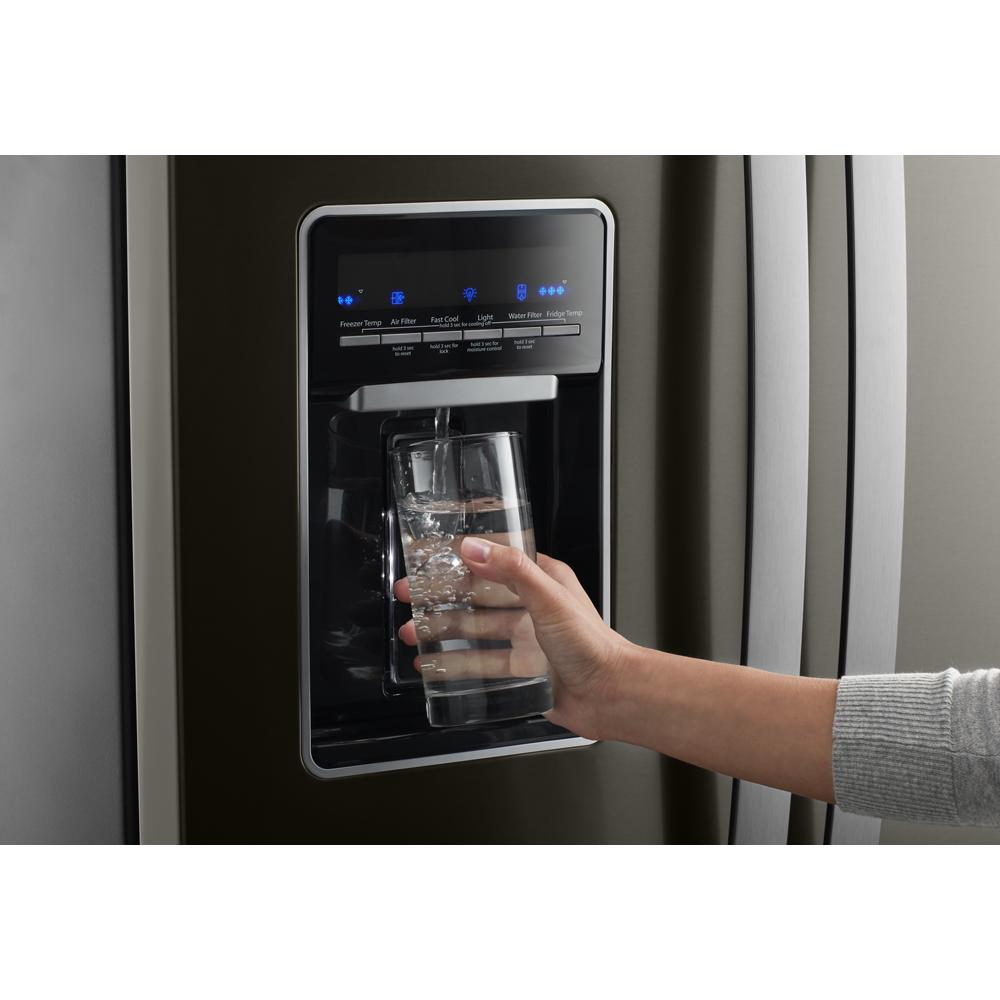 Refrigerador Francés de 3 puertas estándar de 19.7 pies cúbicos de profundidad con fabricador de hielo y dispensador de agua (Acabado en acero inoxidable negro resistente a huellas) Whirlpool WRF560SEHV