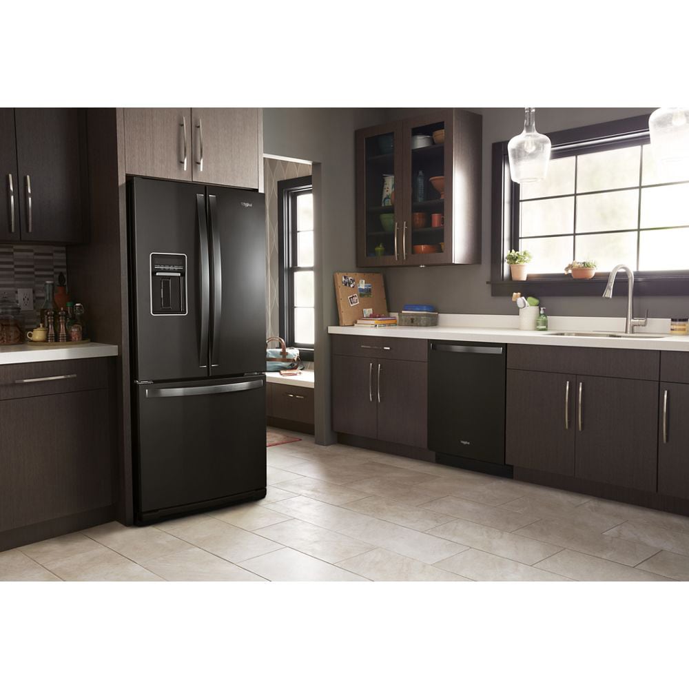 Refrigerador Francés de 3 puertas estándar de 19.7 pies cúbicos de profundidad con fabricador de hielo y dispensador de agua (Acabado en acero inoxidable negro resistente a huellas) Whirlpool WRF560SEHV