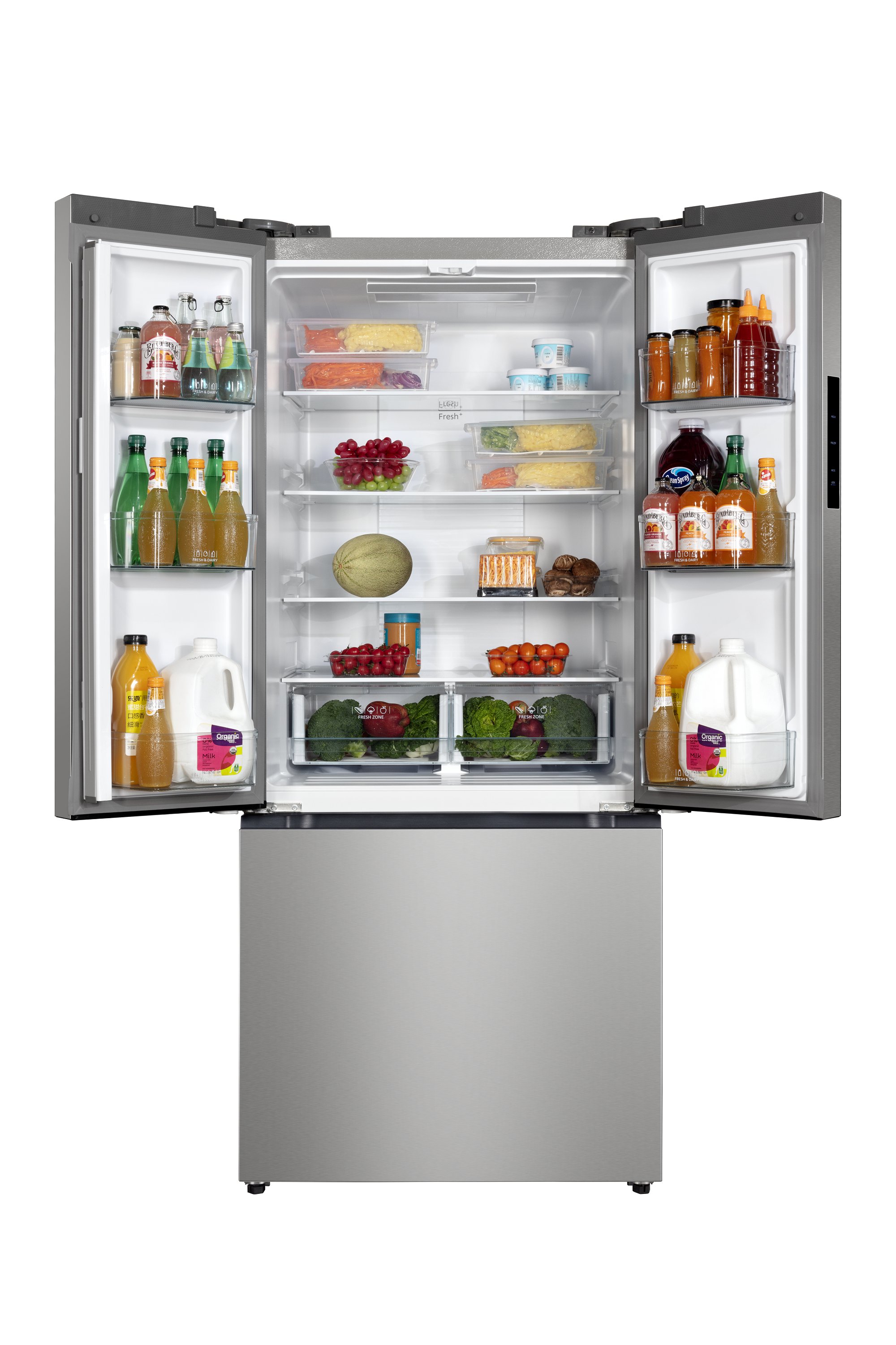 Refrigerador Hamilton Beach de 3 puertas estilo francés, con capacidad de 29.88 pies cúbicos y profundidad ajustada al mostrador (acero inoxidable) certificado ENERGY STAR HZ0771