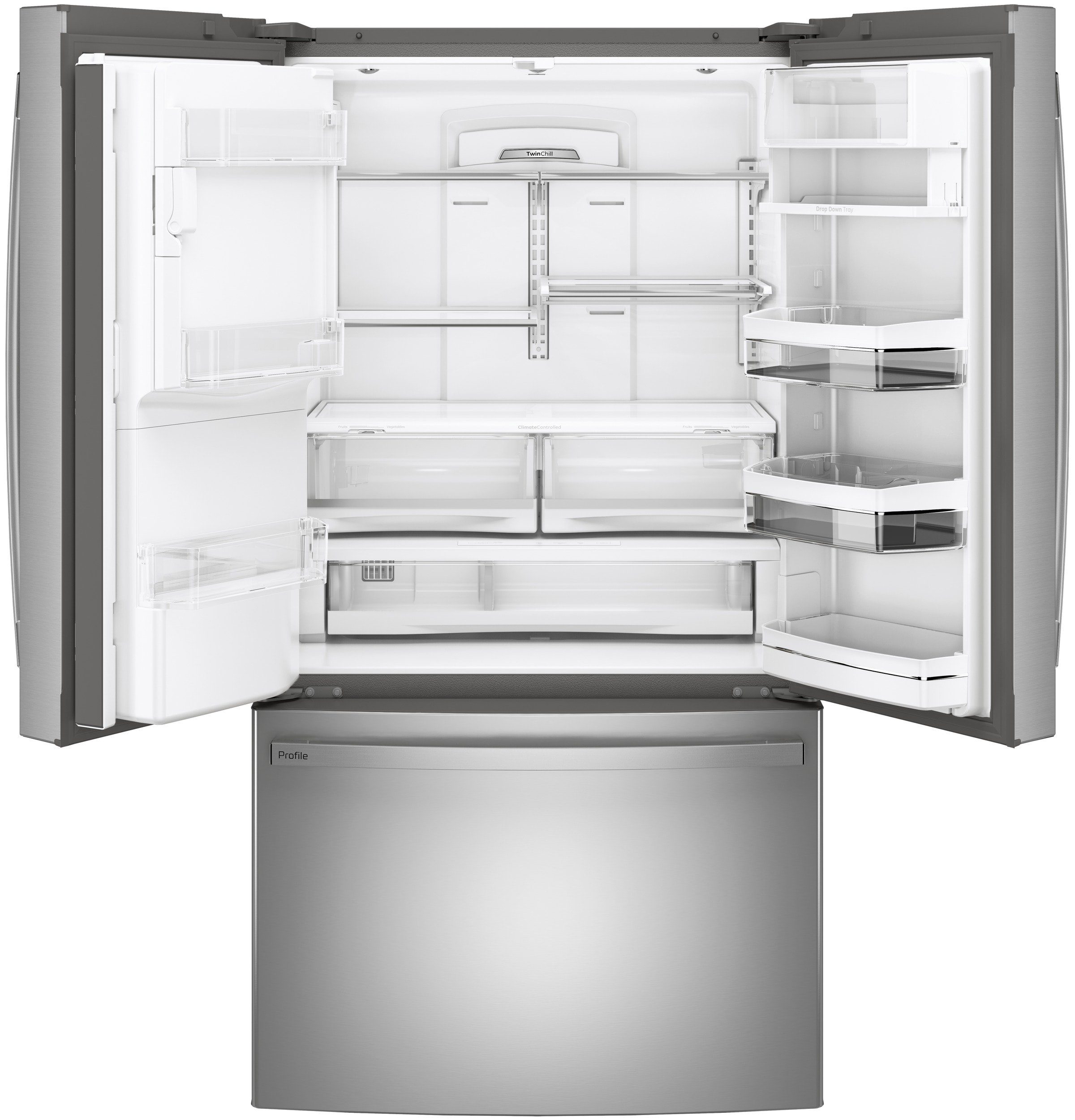 Refrigerador GE Profile de puertas francesas con dispensador de hielo y agua (acero inoxidable) certificado por ENERGY STAR, con una capacidad de 22.2 pies cúbicos y profundidad de mostrador.