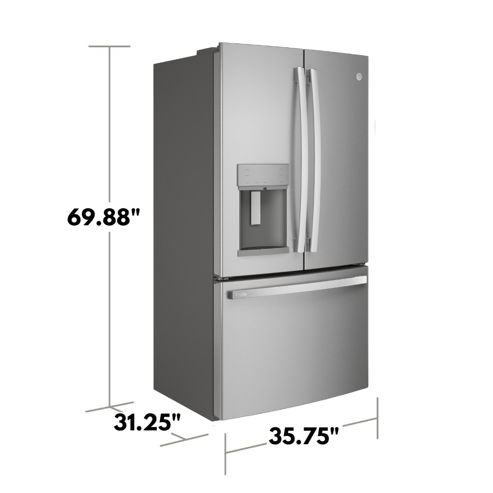 Refrigerador GE Profile de puertas francesas con dispensador de hielo y agua (acero inoxidable) certificado por ENERGY STAR, con una capacidad de 22.2 pies cúbicos y profundidad de mostrador.