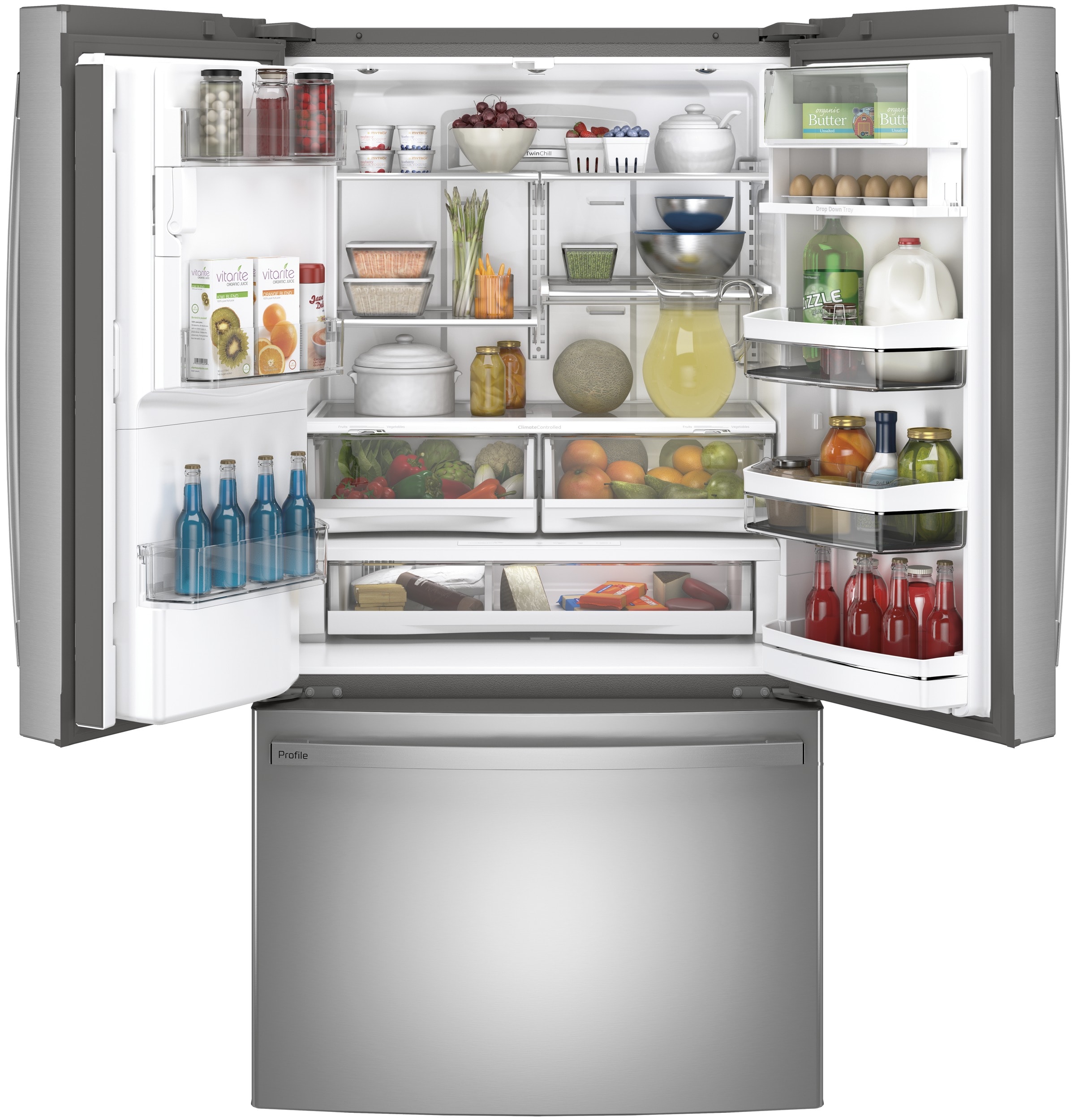Refrigerador GE Profile de puertas francesas con dispensador de hielo y agua (acero inoxidable) certificado por ENERGY STAR, con una capacidad de 22.2 pies cúbicos y profundidad de mostrador.