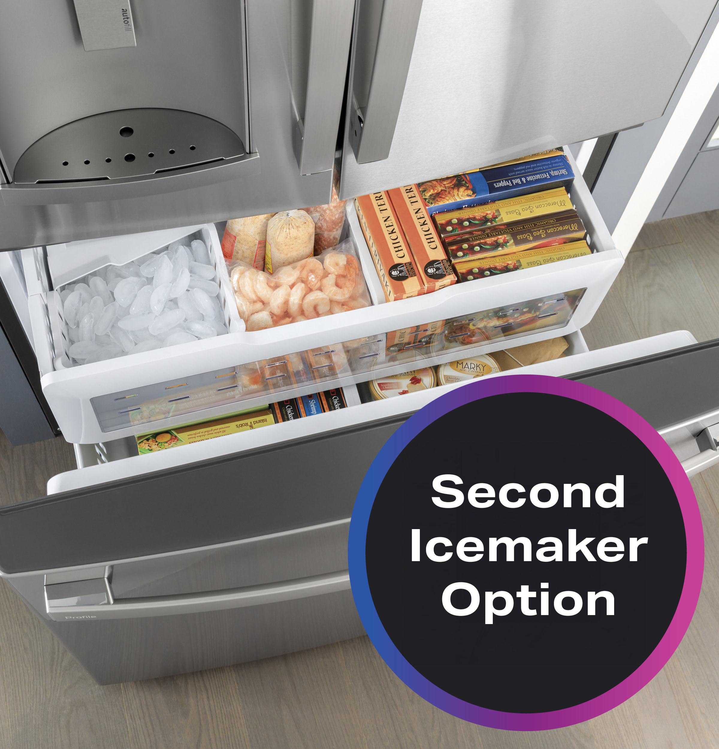 Refrigerador GE Profile de puertas francesas con dispensador de hielo y agua (acero inoxidable) certificado por ENERGY STAR, con una capacidad de 22.2 pies cúbicos y profundidad de mostrador.