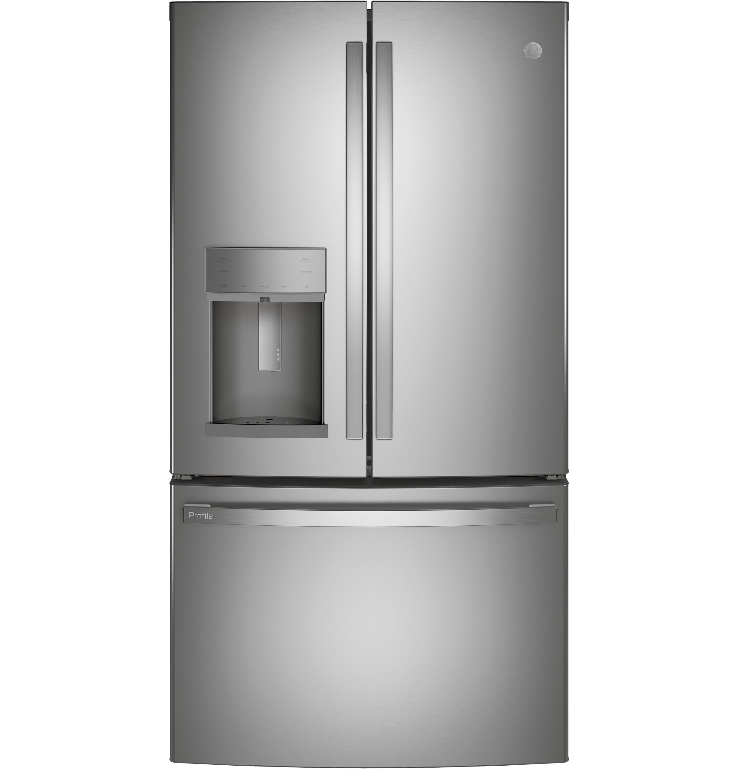 Refrigerador GE Profile de puertas francesas con dispensador de hielo y agua (acero inoxidable) certificado por ENERGY STAR, con una capacidad de 22.2 pies cúbicos y profundidad de mostrador.