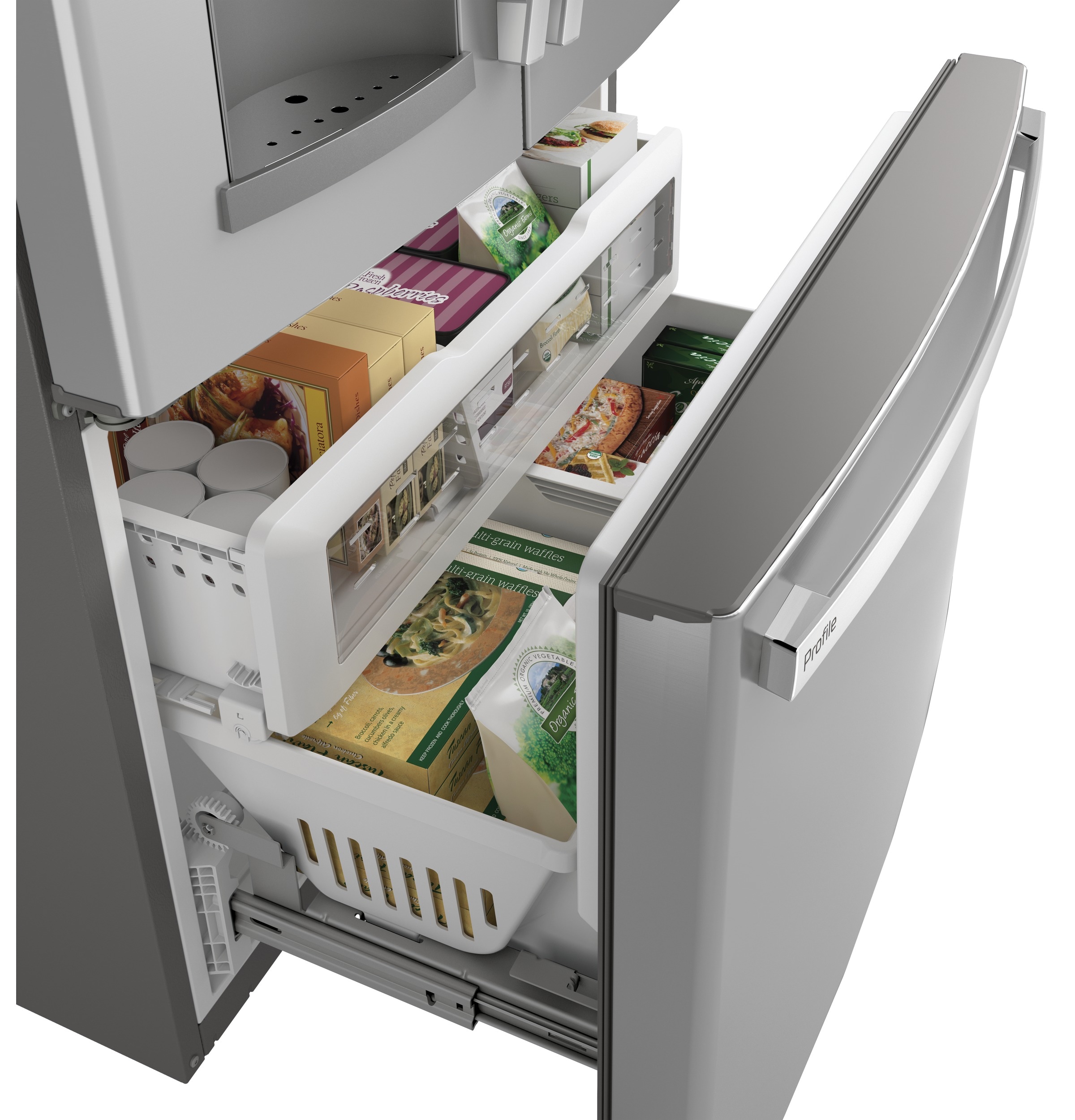 Refrigerador GE Profile de puertas francesas con dispensador de hielo y agua (acero inoxidable) certificado por ENERGY STAR, con una capacidad de 22.2 pies cúbicos y profundidad de mostrador.