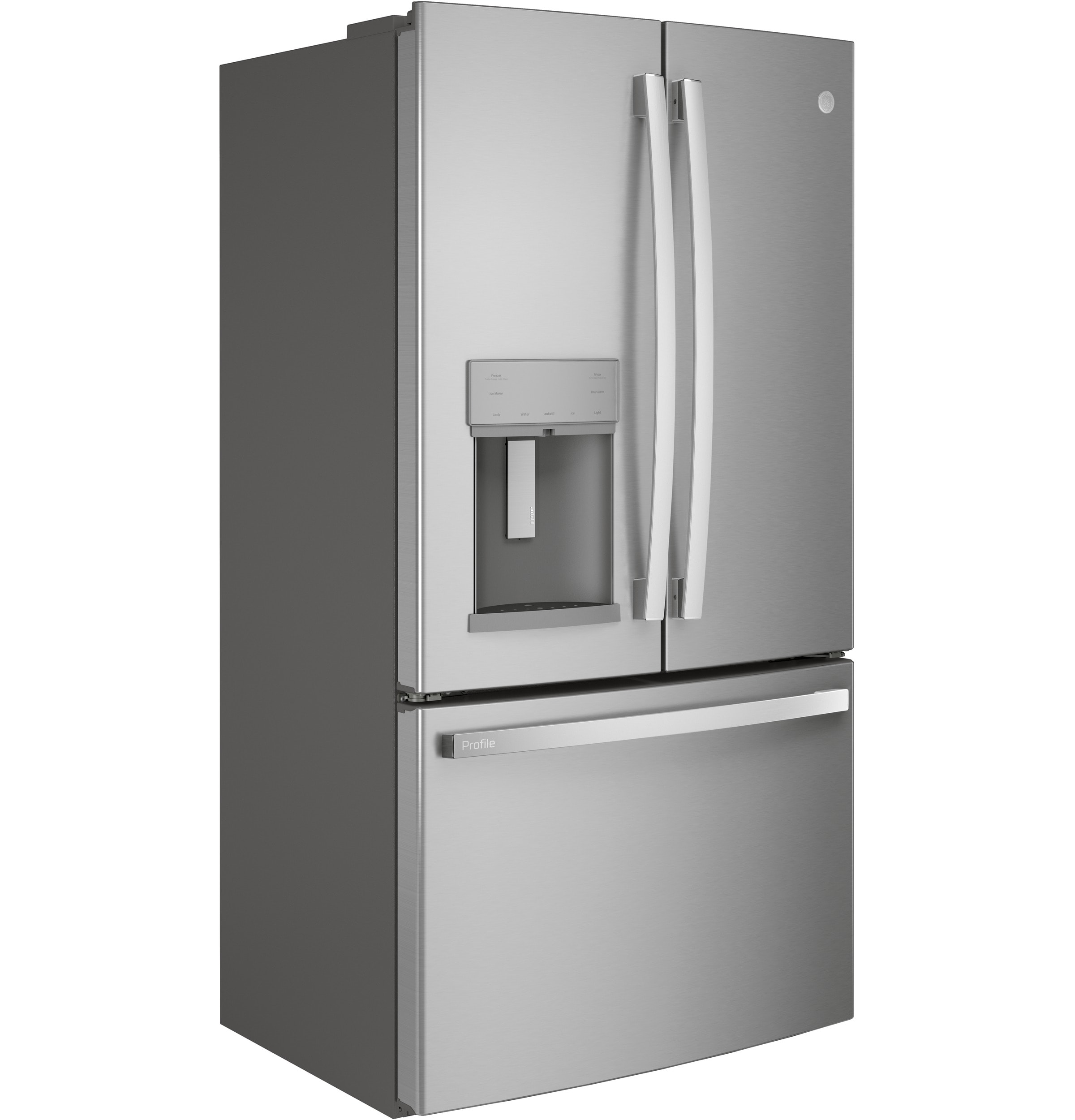 Refrigerador GE Profile de puertas francesas con dispensador de hielo y agua (acero inoxidable) certificado por ENERGY STAR, con una capacidad de 22.2 pies cúbicos y profundidad de mostrador.
