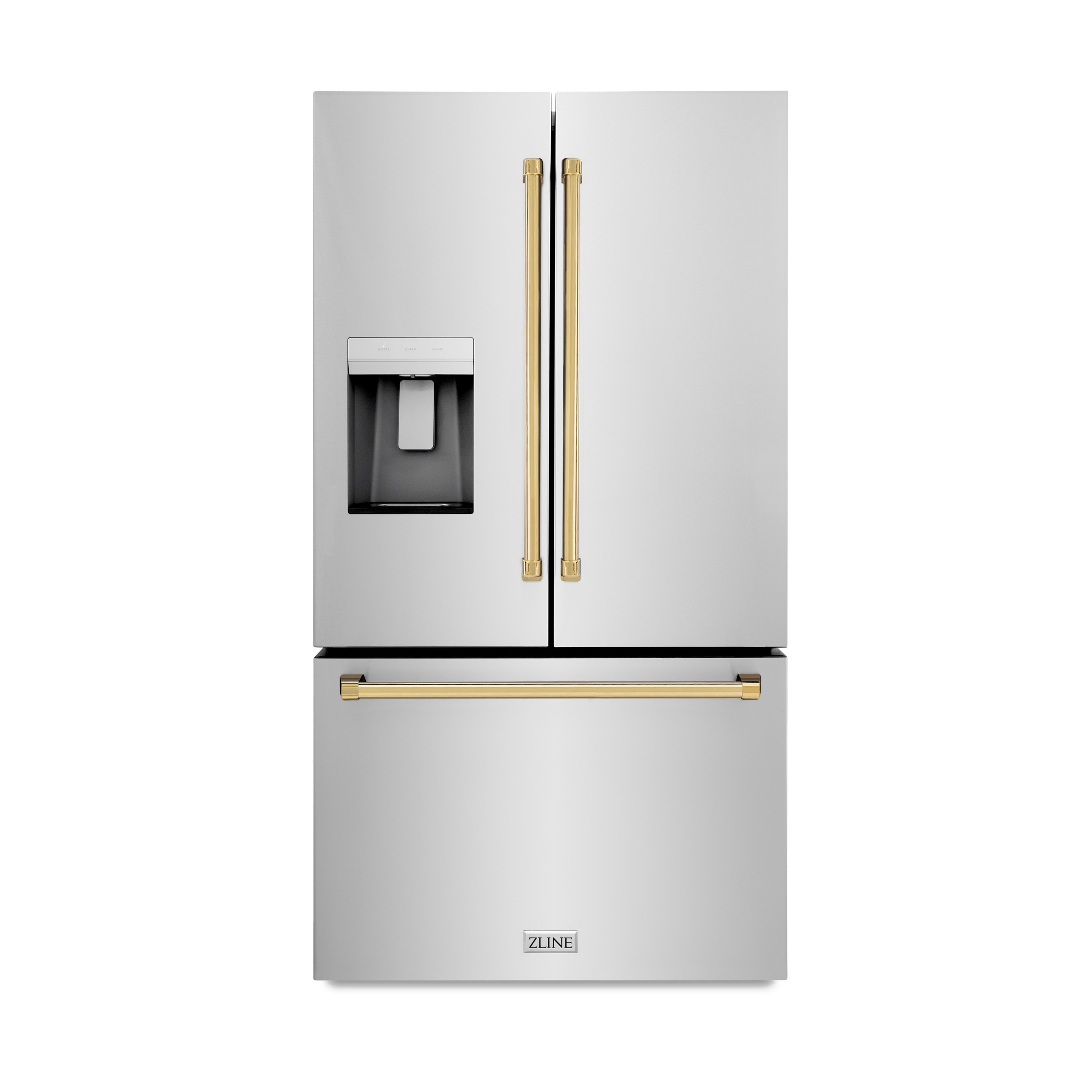 Refrigerador de Puerta Francesa de 3 Puertas con Hielo y Dispensador de Agua y Hielo (Acero Inoxidable con Mango de Oro Pulido) Certificado ENERGY STAR de 28.9 pies cúbicos de Profundidad Estándar de ZLINE KITCHEN & BATH