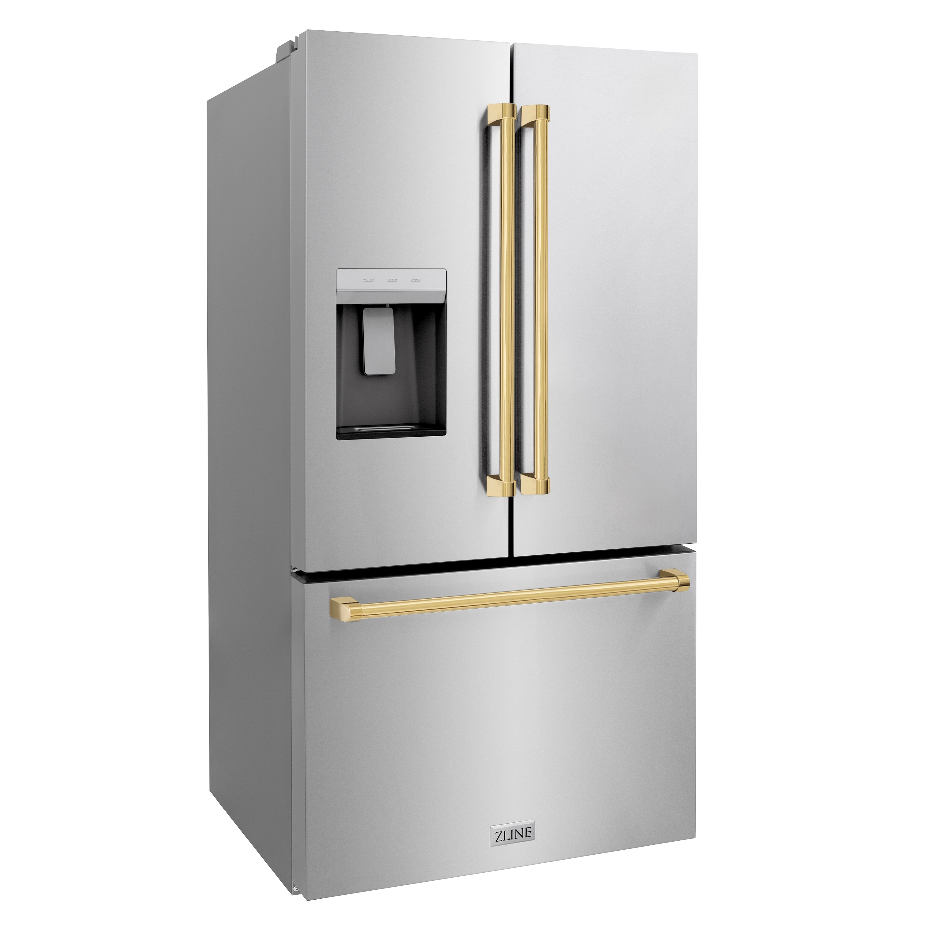 Refrigerador de Puerta Francesa de 3 Puertas con Hielo y Dispensador de Agua y Hielo (Acero Inoxidable con Mango de Oro Pulido) Certificado ENERGY STAR de 28.9 pies cúbicos de Profundidad Estándar de ZLINE KITCHEN & BATH