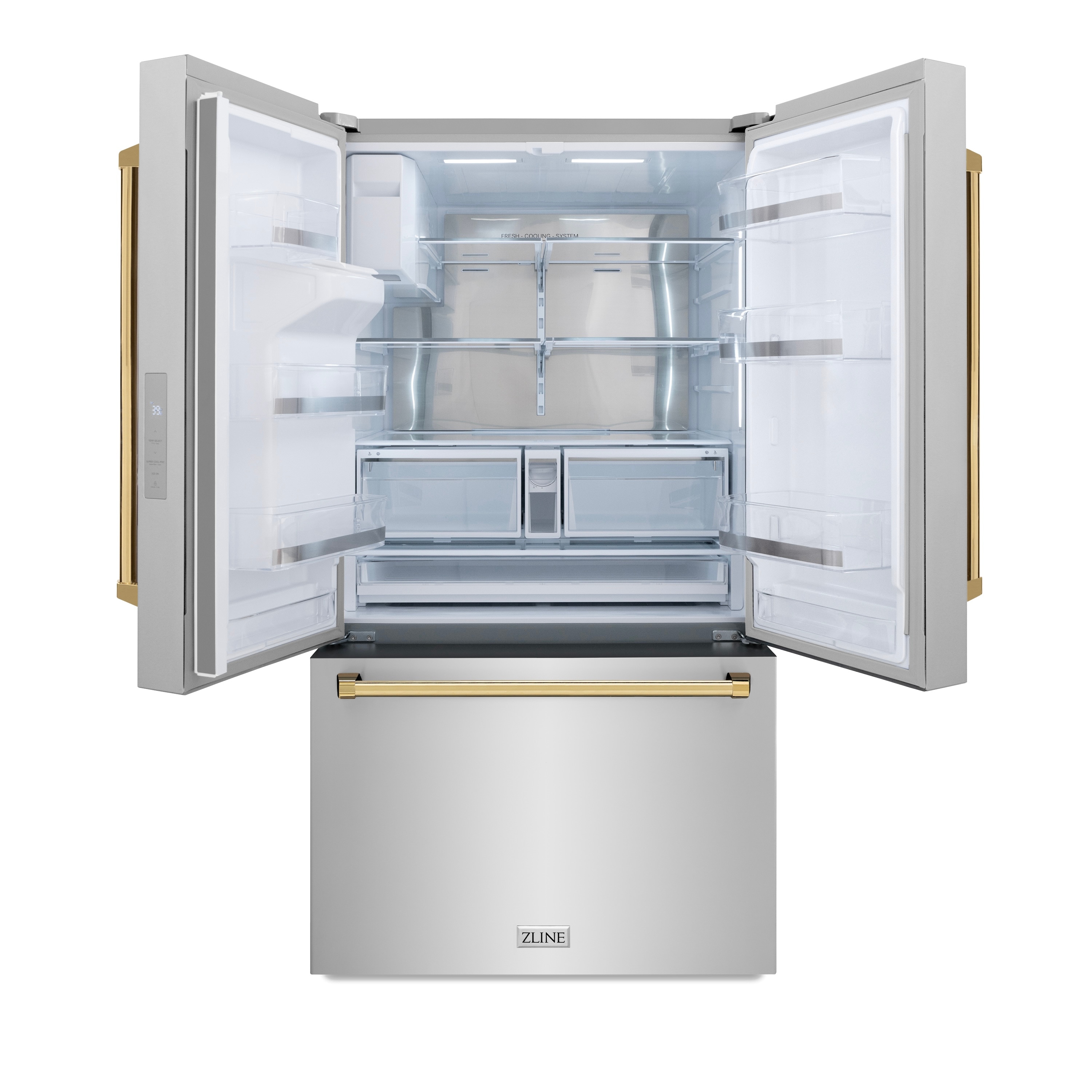 Refrigerador de Puerta Francesa de 3 Puertas con Hielo y Dispensador de Agua y Hielo (Acero Inoxidable con Mango de Oro Pulido) Certificado ENERGY STAR de 28.9 pies cúbicos de Profundidad Estándar de ZLINE KITCHEN & BATH