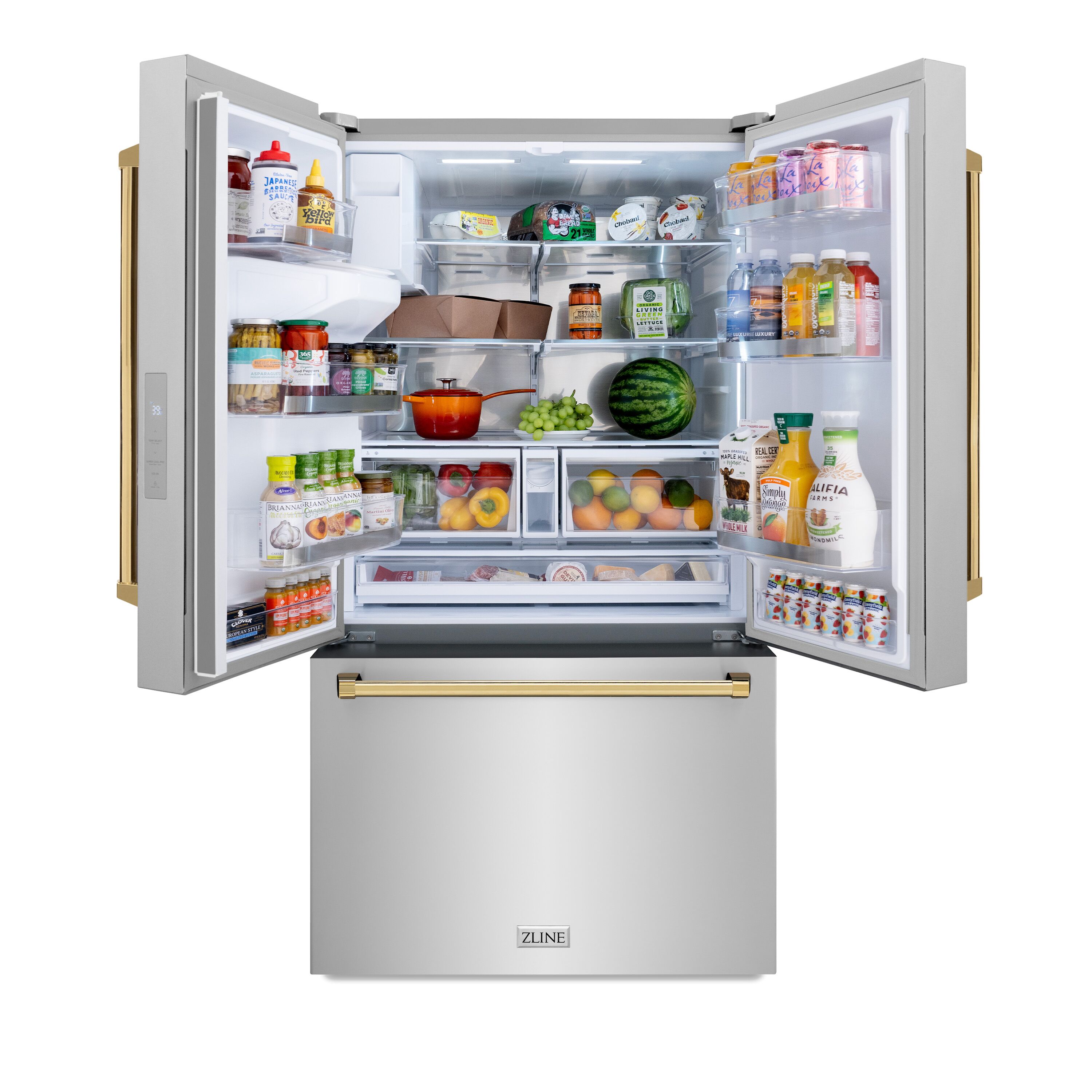 Refrigerador de Puerta Francesa de 3 Puertas con Hielo y Dispensador de Agua y Hielo (Acero Inoxidable con Mango de Oro Pulido) Certificado ENERGY STAR de 28.9 pies cúbicos de Profundidad Estándar de ZLINE KITCHEN & BATH