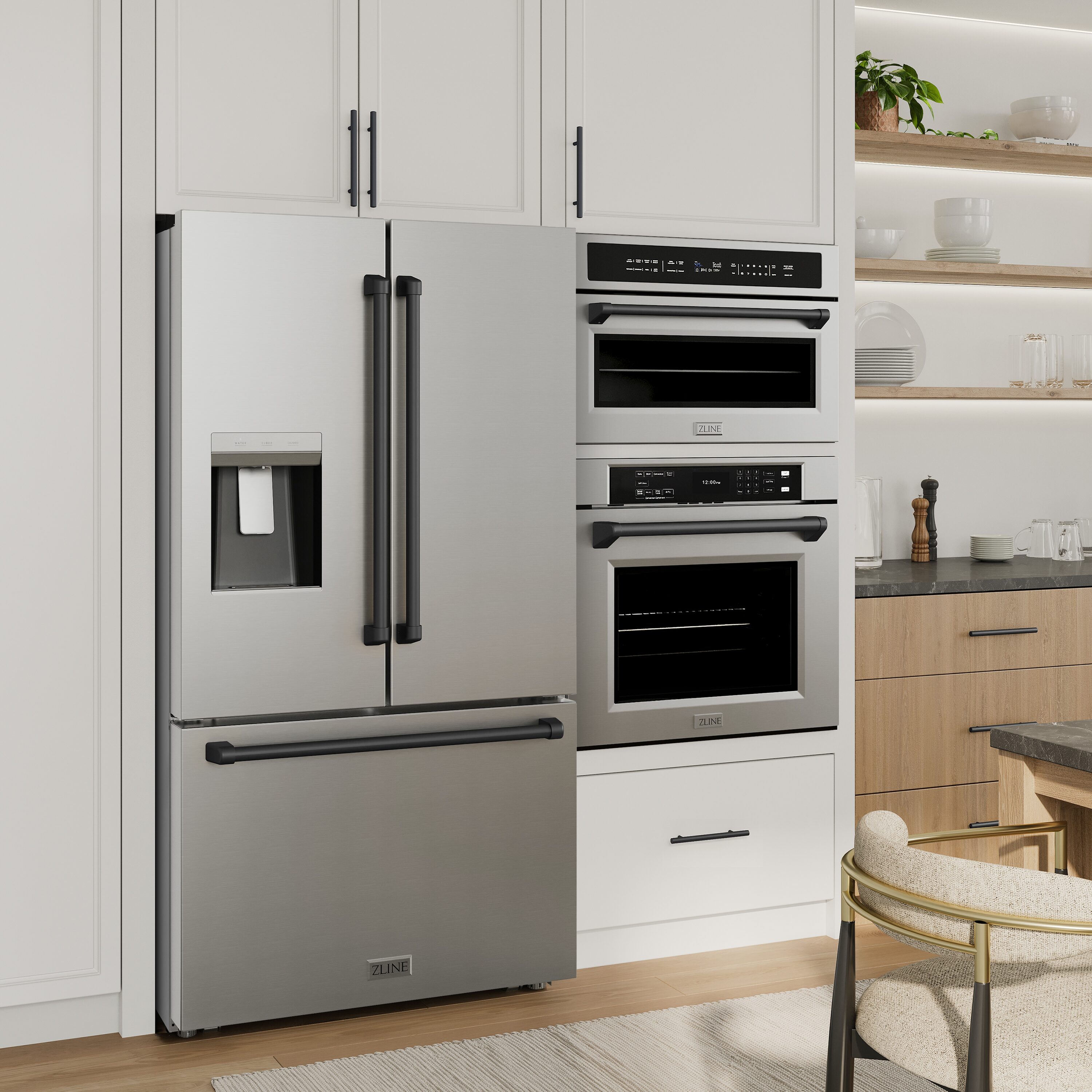 Refrigerador Tipo Francés de 3 Puertas con Dispensador de Hielo y Agua (Acero Inoxidable con Mango Negro Mate) con Certificación ENERGY STAR de 28.9 pies cúbicos de Profundidad Estándar de ZLINE KITCHEN & BATH (RSMZ-W-36-MB)