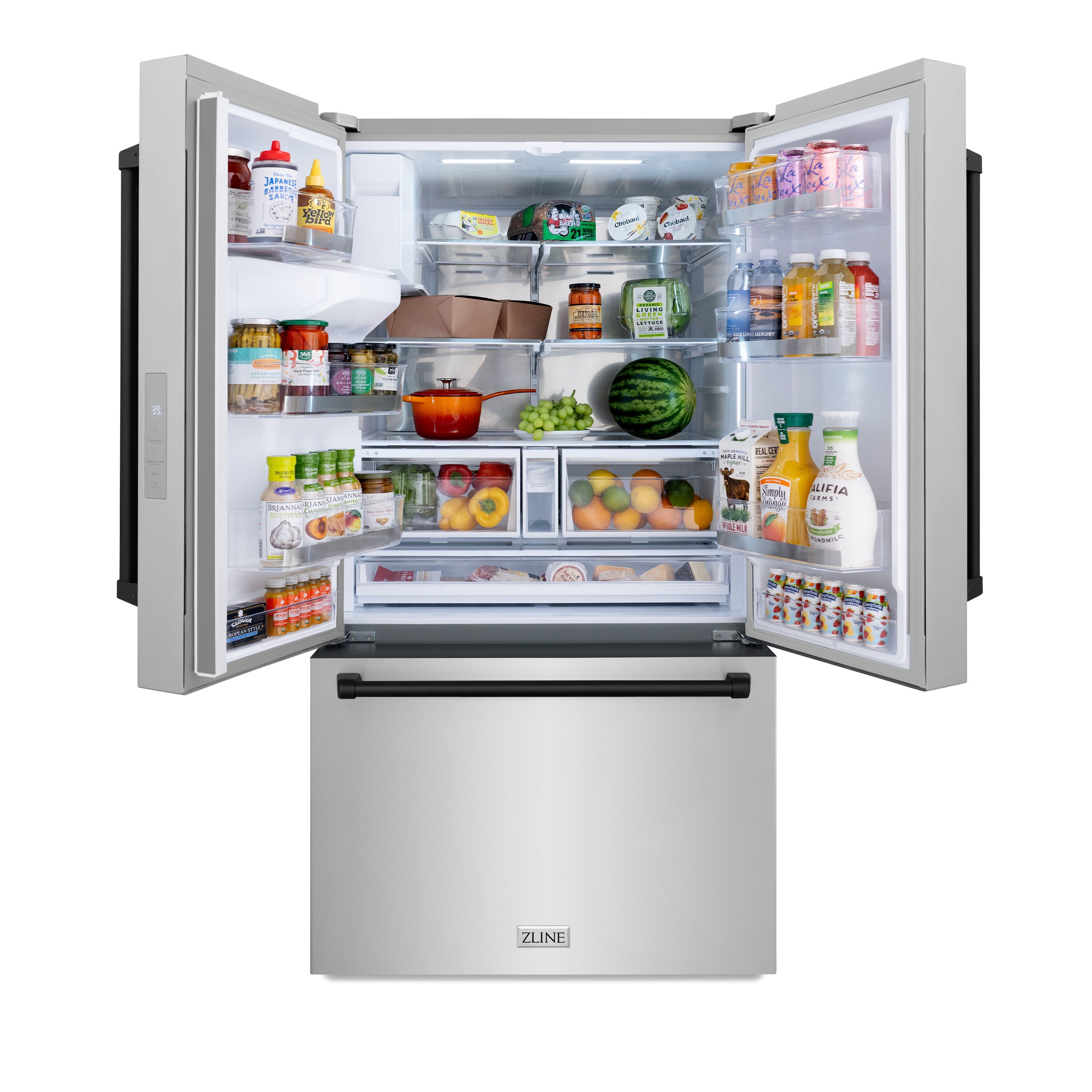 Refrigerador Tipo Francés de 3 Puertas con Dispensador de Hielo y Agua (Acero Inoxidable con Mango Negro Mate) con Certificación ENERGY STAR de 28.9 pies cúbicos de Profundidad Estándar de ZLINE KITCHEN & BATH (RSMZ-W-36-MB)