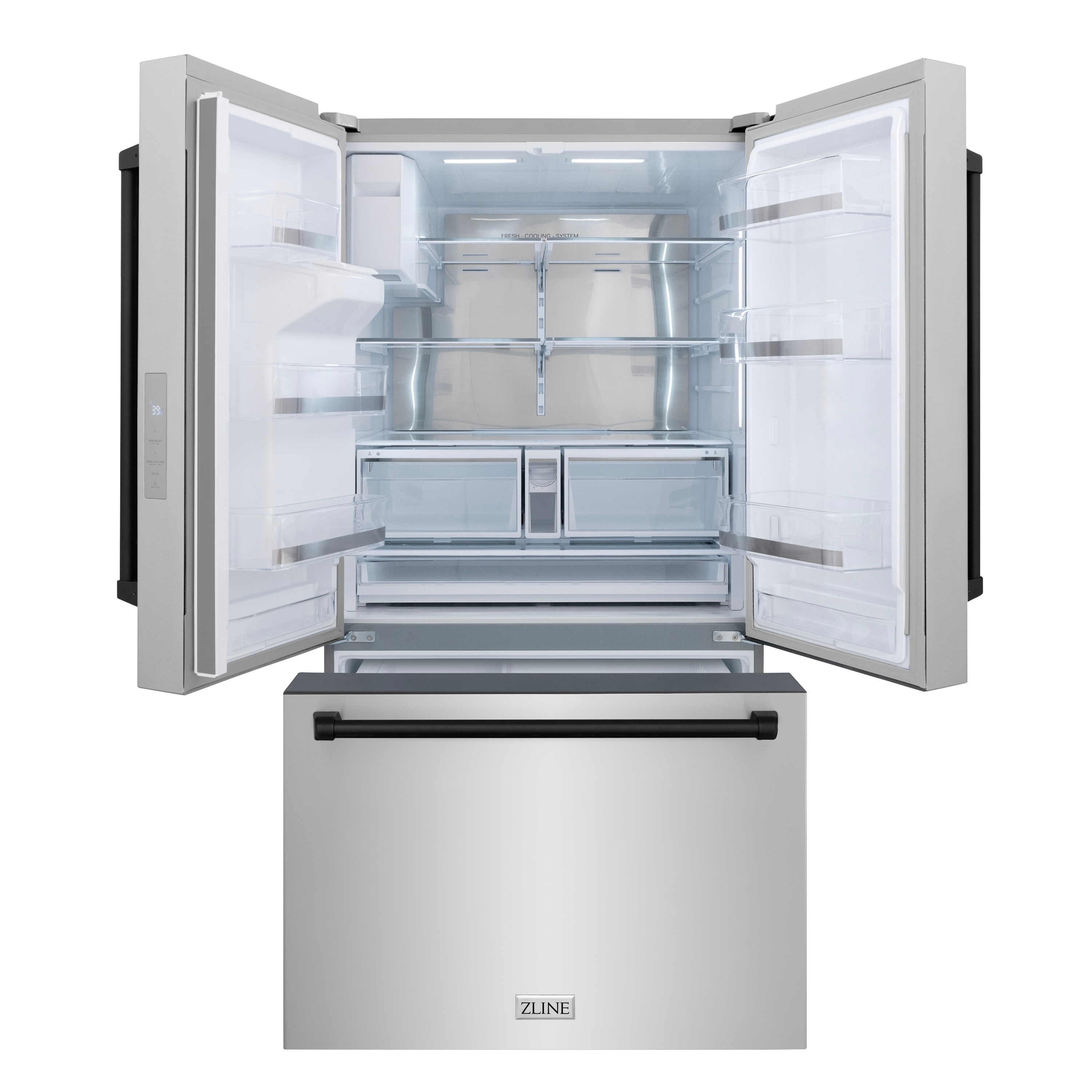 Refrigerador Tipo Francés de 3 Puertas con Dispensador de Hielo y Agua (Acero Inoxidable con Mango Negro Mate) con Certificación ENERGY STAR de 28.9 pies cúbicos de Profundidad Estándar de ZLINE KITCHEN & BATH (RSMZ-W-36-MB)