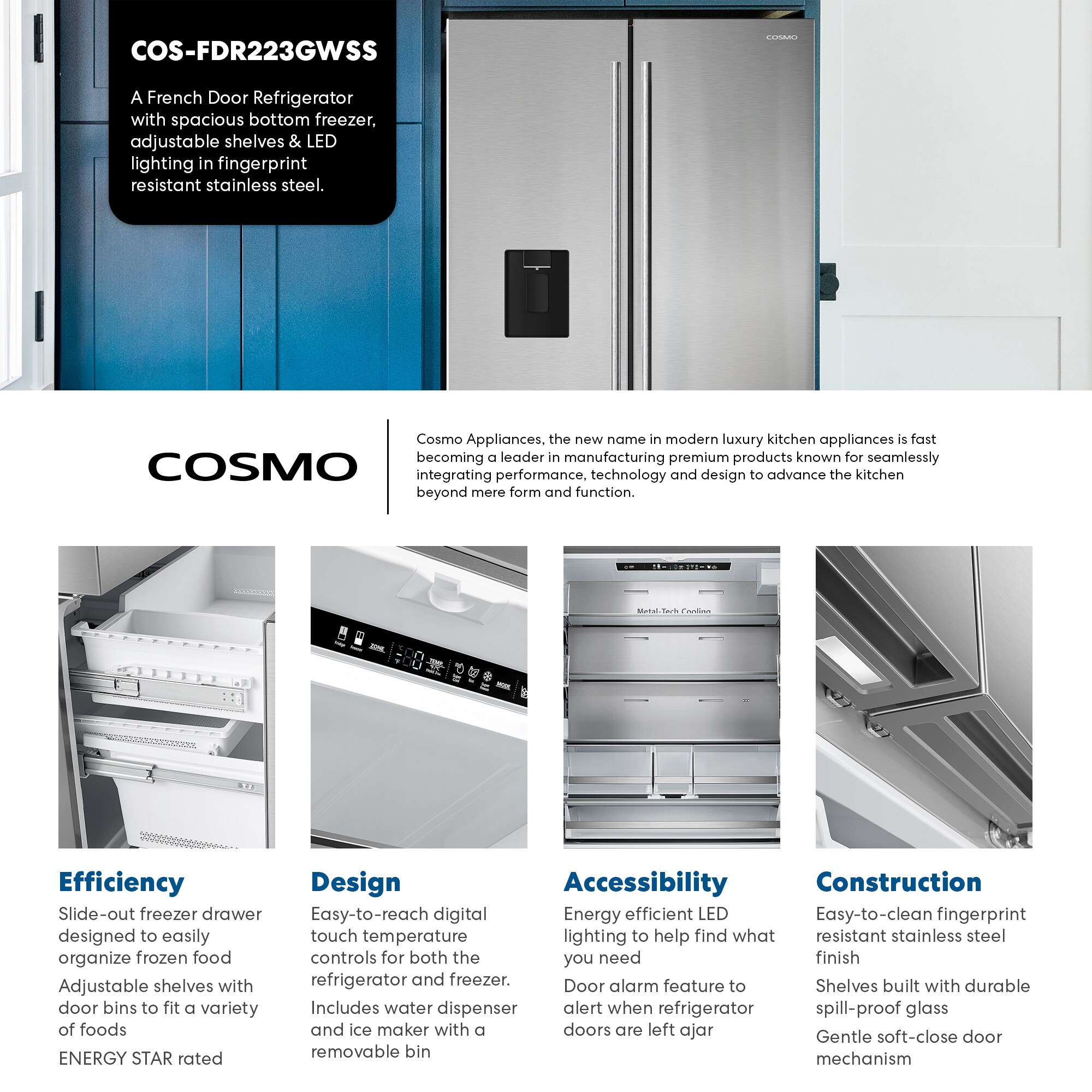 Refrigerador Francés de Puerta Triple de 22.4 pies cúbicos de Profundidad de Mostrador con Fabricador de Hielo y Dispensador de Agua (Acero Inoxidable) Certificado ENERGY STAR