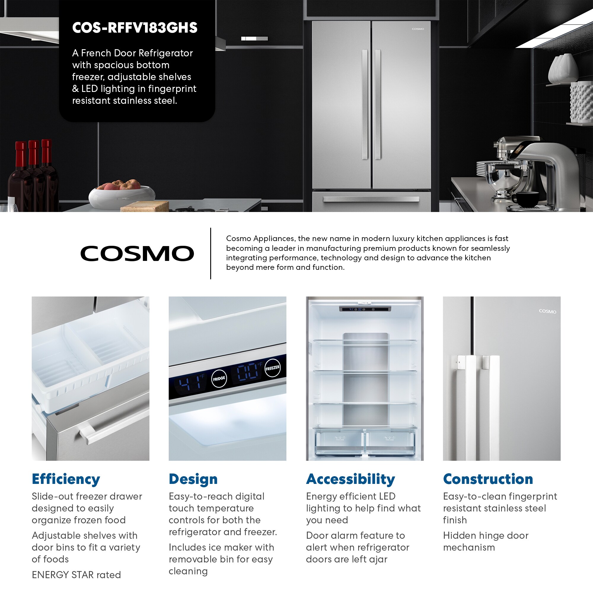 Refrigerador francés de puerta triple de 17.5 pies cúbicos de profundidad de mostrador con fabricador de hielo (acero inoxidable) certificado por ENERGY STAR COS-RFFV183GHS