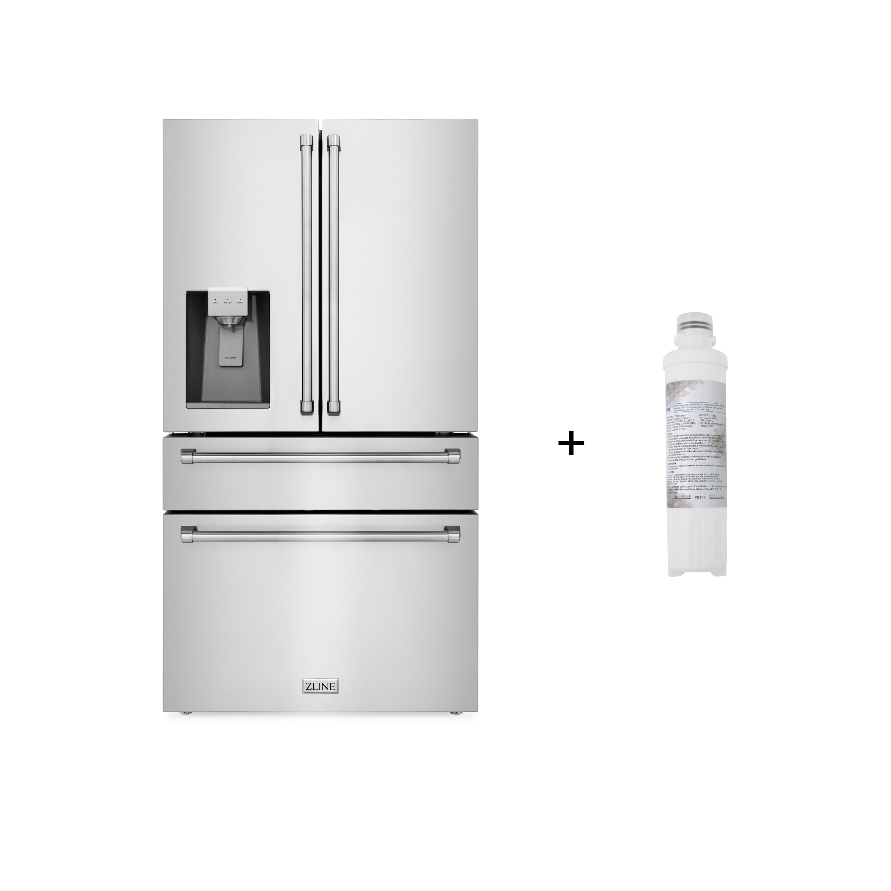 Refrigerador de Puertas Francesas de 4 Puertas ZLINE KITCHEN & BATH de Profundidad de Encimera de 21.6 pies cúbicos con Dispensador de Hielo y Agua (Acero Inoxidable Resistente a las Huellas Dactilares) Certificado ENERGY STAR RFM-W-WF-36.