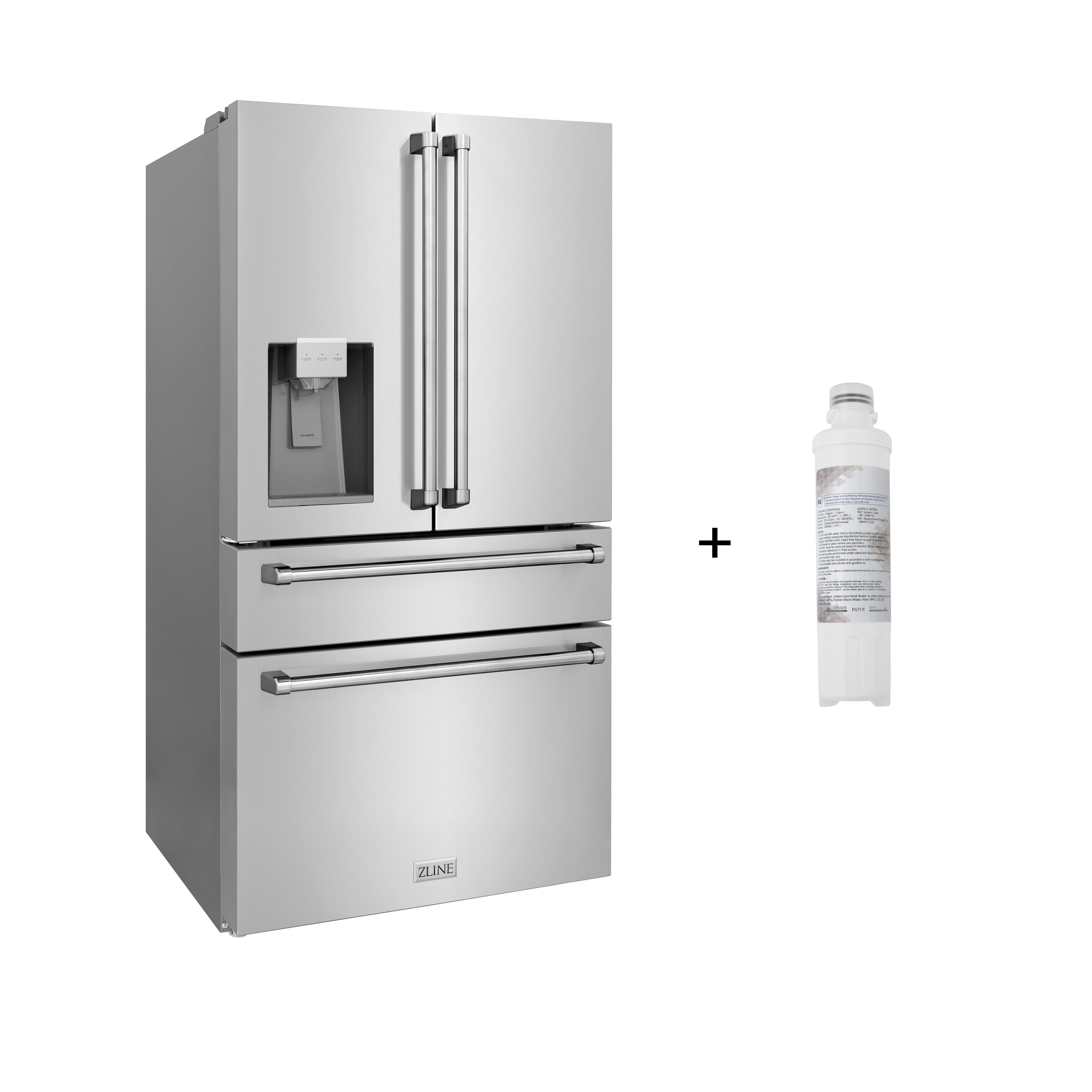 Refrigerador de Puertas Francesas de 4 Puertas ZLINE KITCHEN & BATH de Profundidad de Encimera de 21.6 pies cúbicos con Dispensador de Hielo y Agua (Acero Inoxidable Resistente a las Huellas Dactilares) Certificado ENERGY STAR RFM-W-WF-36.