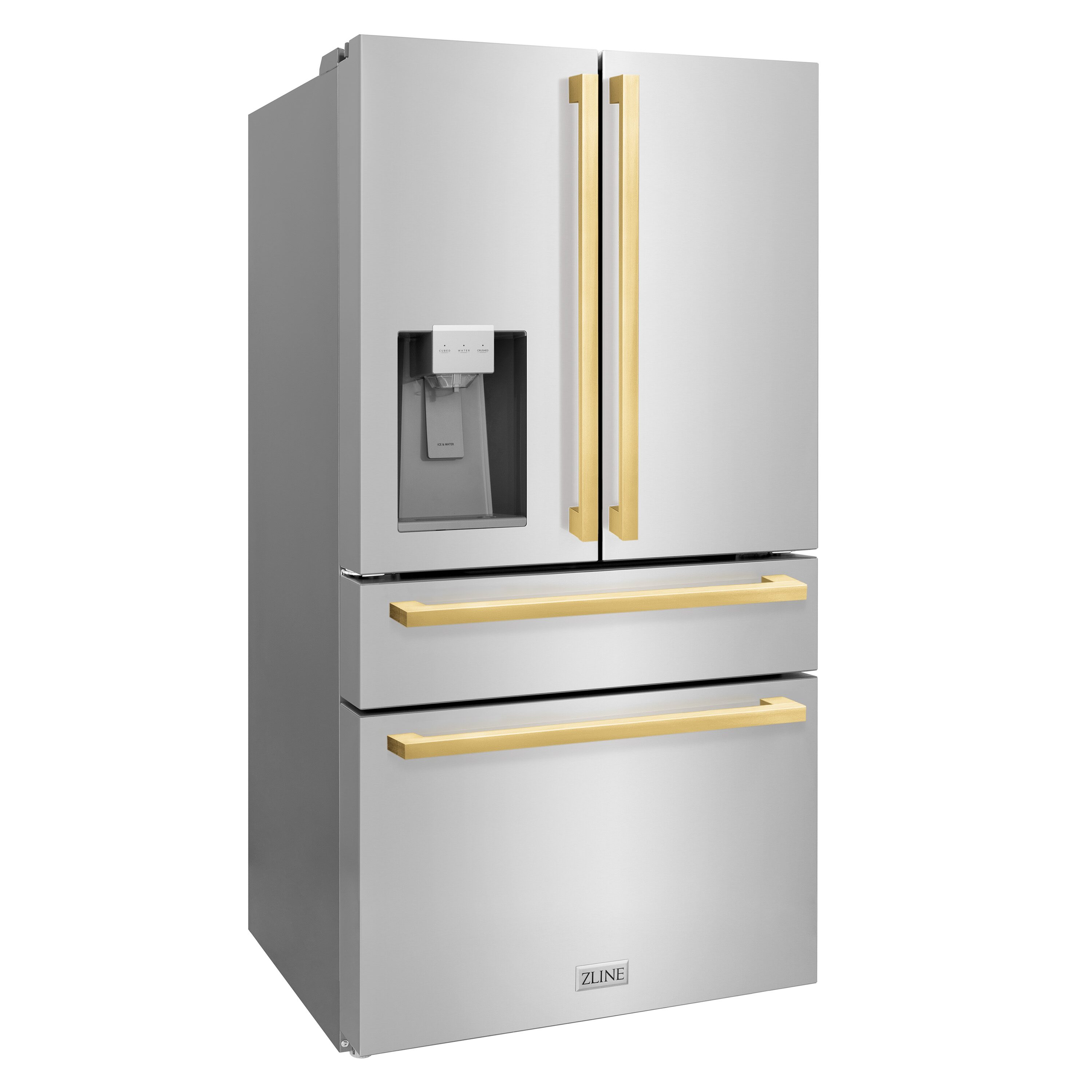 Refrigerador de 4 puertas estilo francés con dispensador de hielo y agua (acero inoxidable con manijas doradas pulidas) de 21.6 pies cúbicos de profundidad de mostrador de ZLINE KITCHEN & BATH con certificación ENERGY STAR RFMZ-W-36-FG