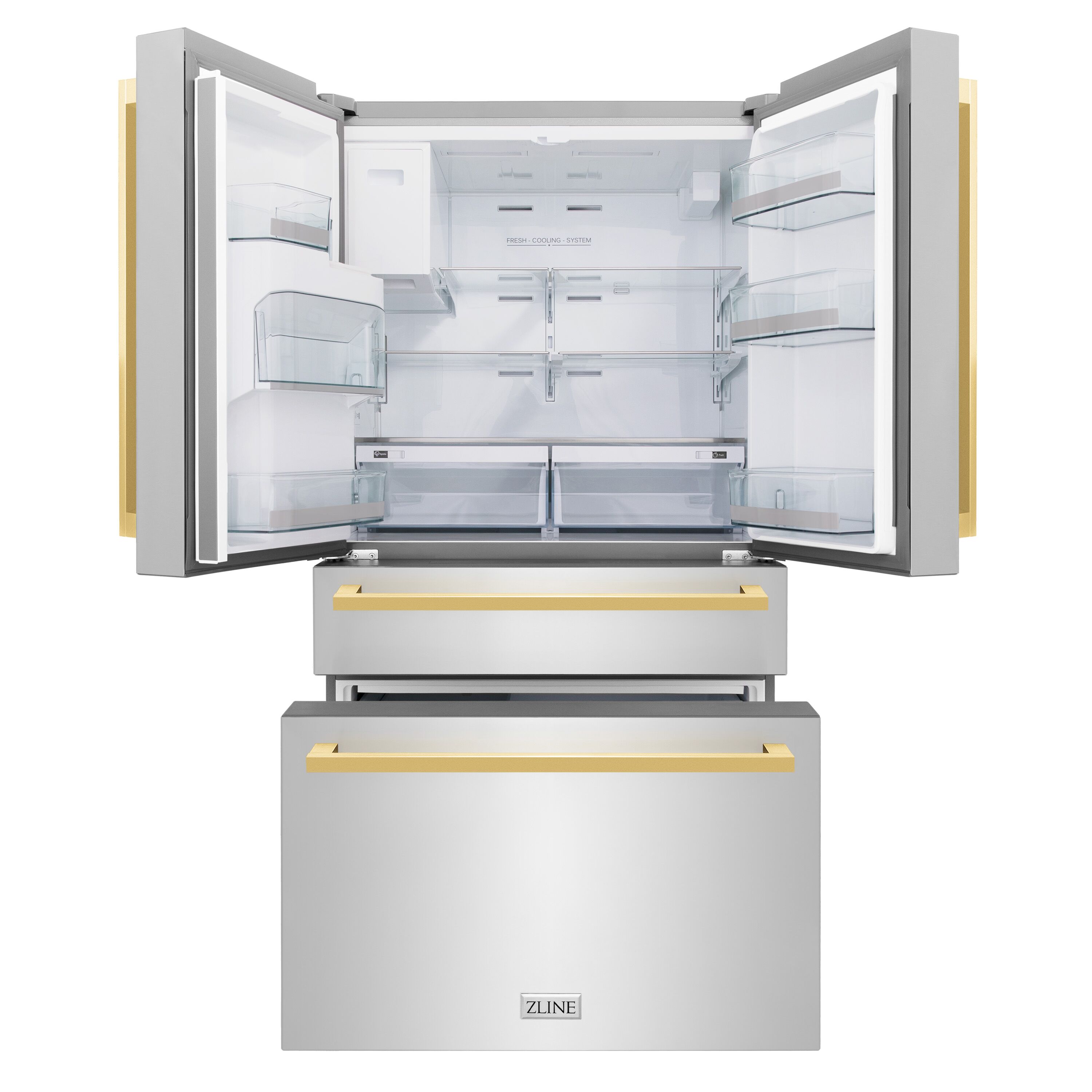 Refrigerador de 4 puertas estilo francés con dispensador de hielo y agua (acero inoxidable con manijas doradas pulidas) de 21.6 pies cúbicos de profundidad de mostrador de ZLINE KITCHEN & BATH con certificación ENERGY STAR RFMZ-W-36-FG