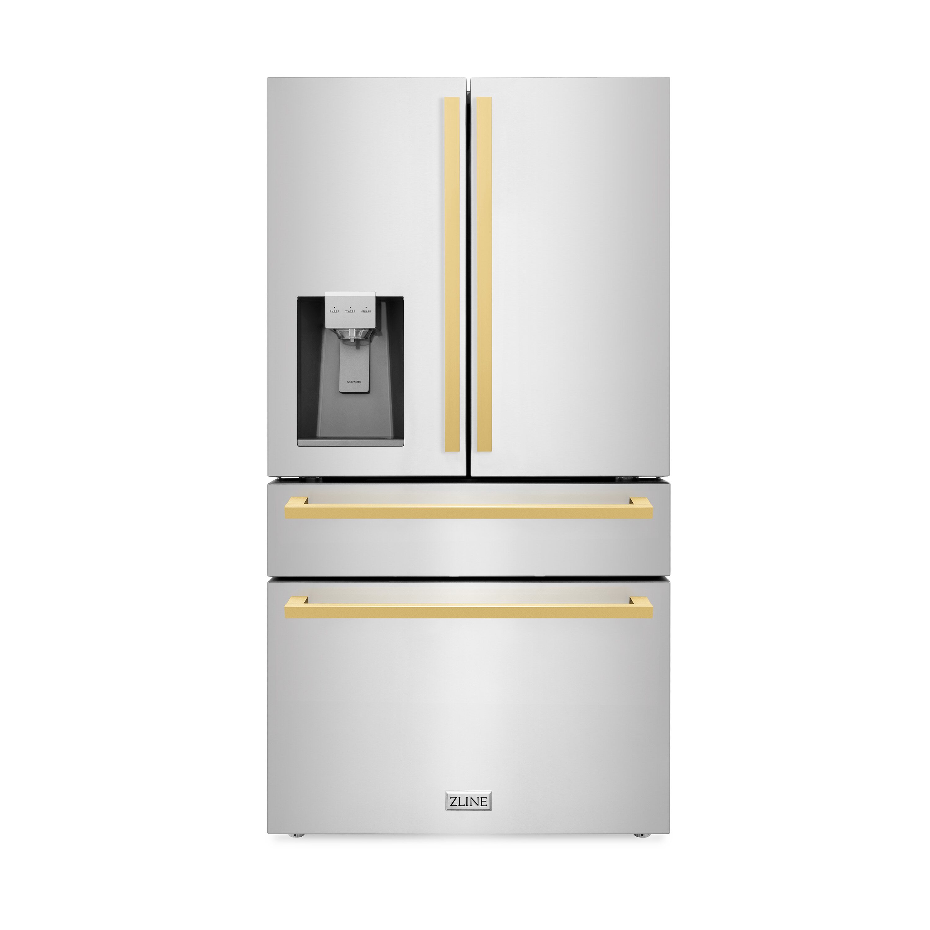 Refrigerador de 4 puertas estilo francés con dispensador de hielo y agua (acero inoxidable con manijas doradas pulidas) de 21.6 pies cúbicos de profundidad de mostrador de ZLINE KITCHEN & BATH con certificación ENERGY STAR RFMZ-W-36-FG
