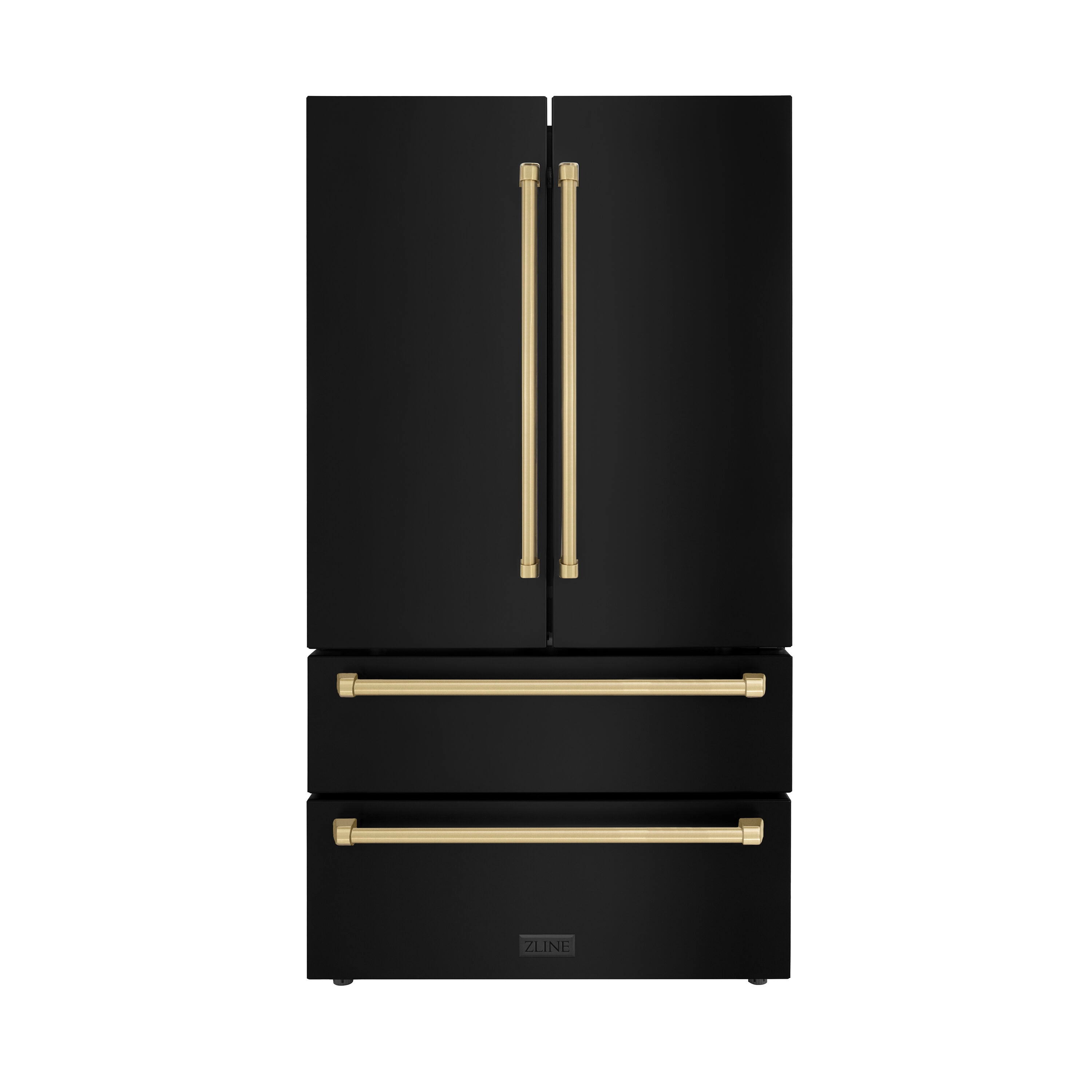 Refrigerador de Puertas Francesas de 4 Puertas de Edición Autografiada de Profundidad de Mostrador de ZLINE KITCHEN & BATH de 22.5 pies cúbicos con Fabricador de Hielo y Dispensador de Hielo (Acero Inoxidable Negro Resistente a las Huellas con Detalles en Bronce Champagne) Certificado ENERGY STAR RFMZ-36-BS-CB