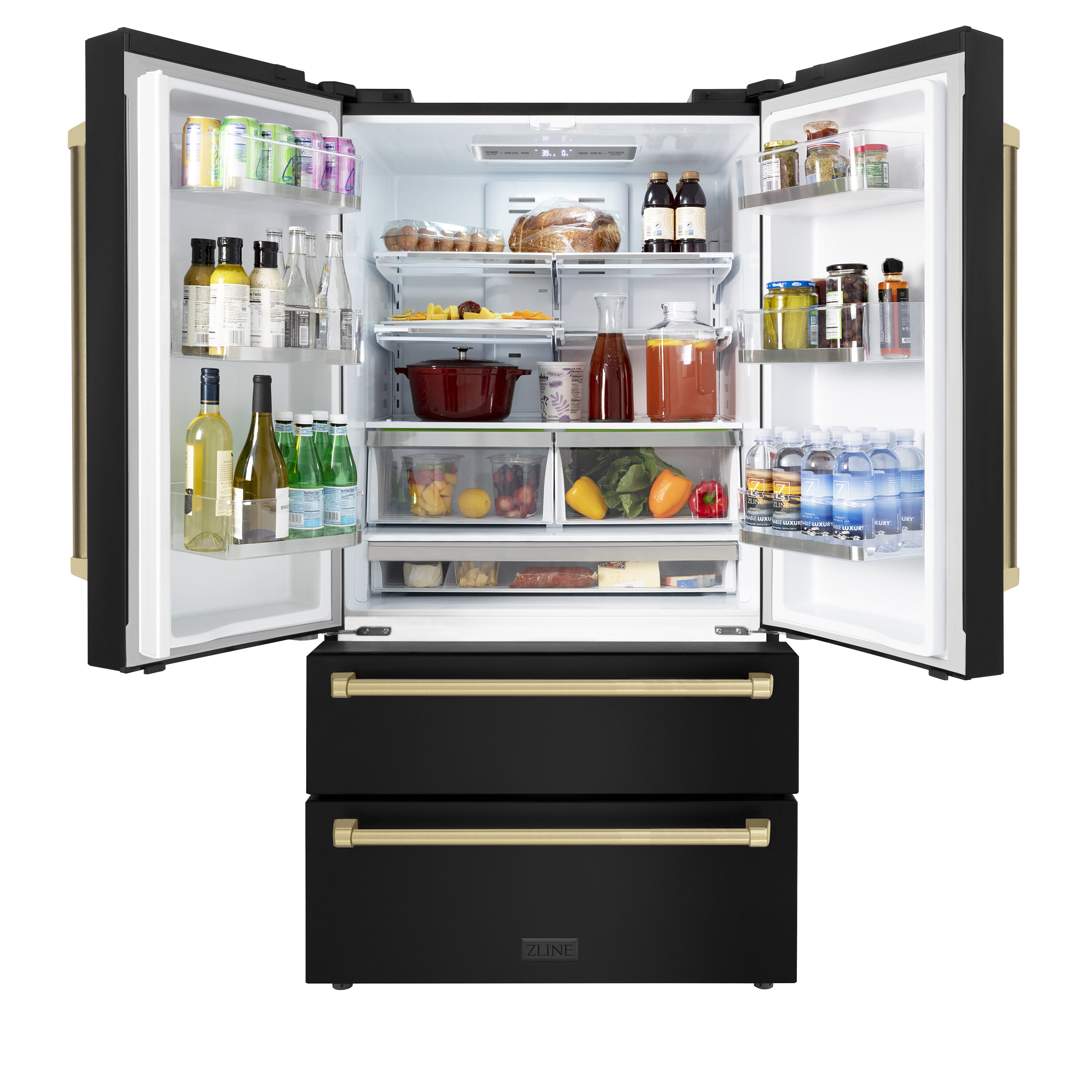 Refrigerador de Puertas Francesas de 4 Puertas de Edición Autografiada de Profundidad de Mostrador de ZLINE KITCHEN & BATH de 22.5 pies cúbicos con Fabricador de Hielo y Dispensador de Hielo (Acero Inoxidable Negro Resistente a las Huellas con Detalles en Bronce Champagne) Certificado ENERGY STAR RFMZ-36-BS-CB