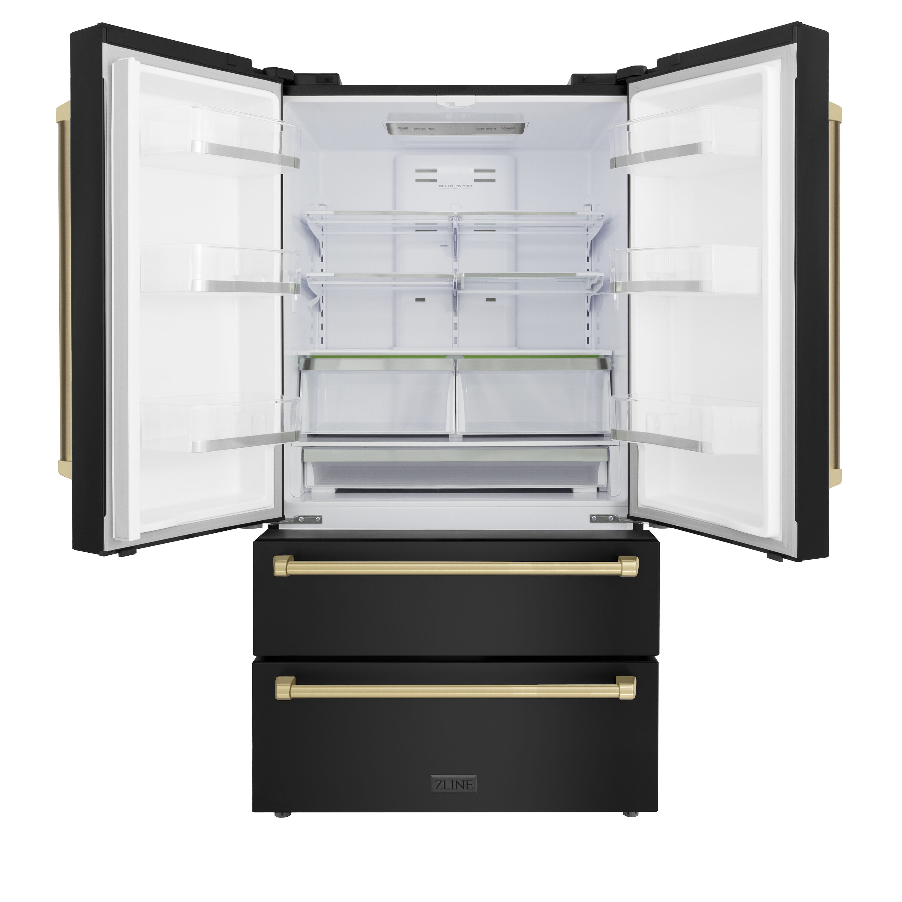 Refrigerador de Puertas Francesas de 4 Puertas de Edición Autografiada de Profundidad de Mostrador de ZLINE KITCHEN & BATH de 22.5 pies cúbicos con Fabricador de Hielo y Dispensador de Hielo (Acero Inoxidable Negro Resistente a las Huellas con Detalles en Bronce Champagne) Certificado ENERGY STAR RFMZ-36-BS-CB