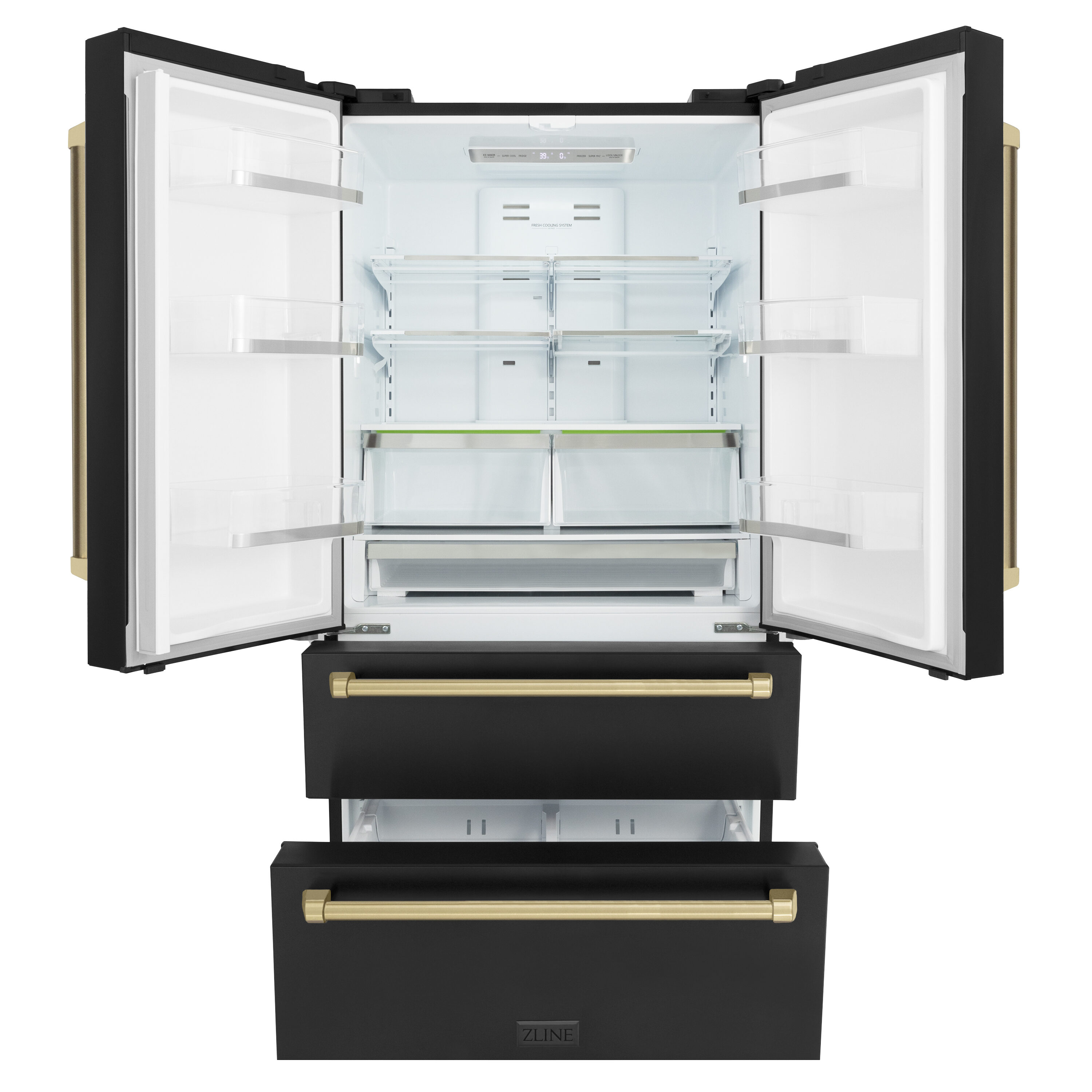Refrigerador de Puertas Francesas de 4 Puertas de Edición Autografiada de Profundidad de Mostrador de ZLINE KITCHEN & BATH de 22.5 pies cúbicos con Fabricador de Hielo y Dispensador de Hielo (Acero Inoxidable Negro Resistente a las Huellas con Detalles en Bronce Champagne) Certificado ENERGY STAR RFMZ-36-BS-CB
