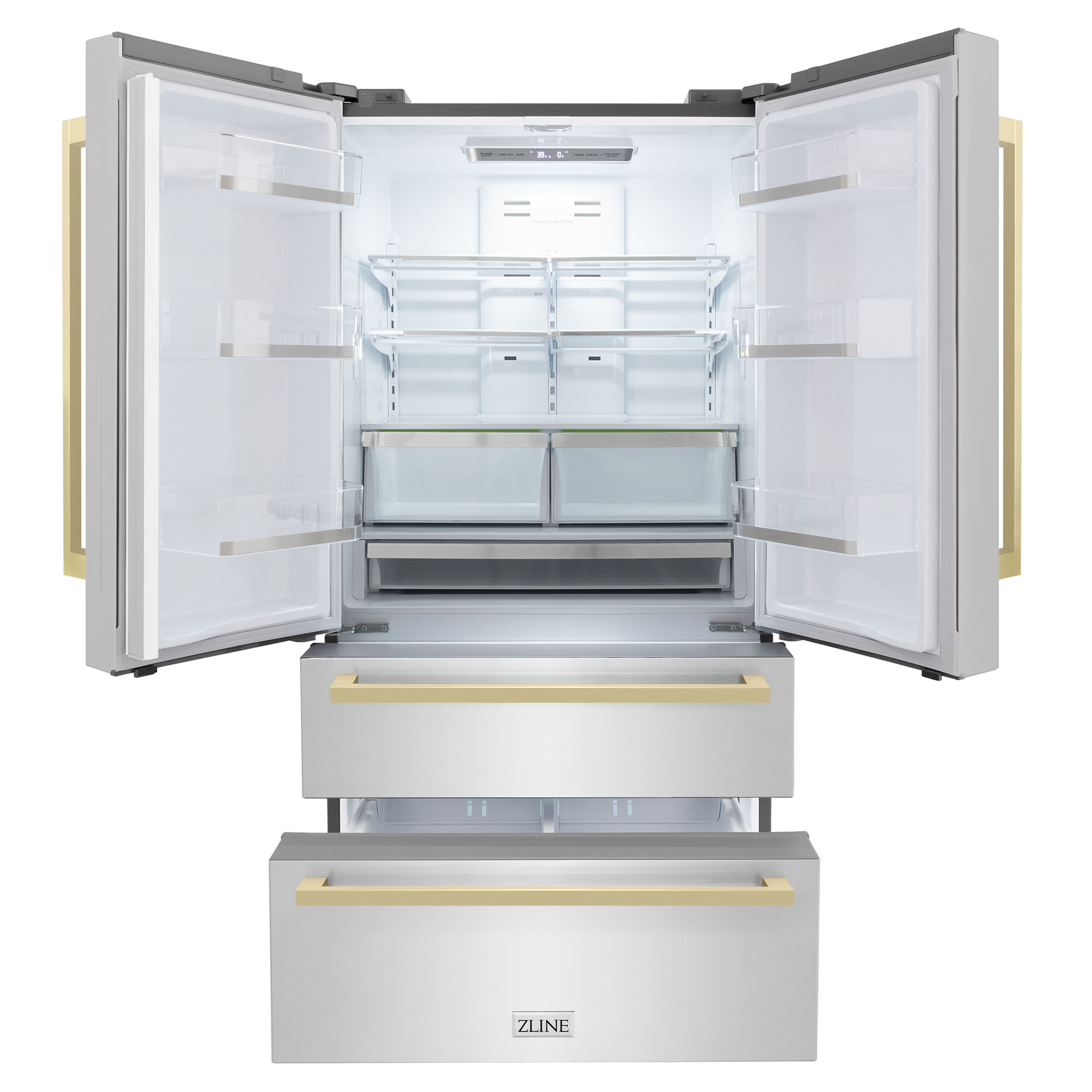 Refrigerador Francés de 4 Puertas de Profundidad de Mostrador de 22.5 pies cúbicos con Fábrica de Hielo (Acero Inoxidable con Detalles en Bronce Champana Plano) Certificado ENERGY STAR RFMZ-36-FCB de ZLINE KITCHEN & BATH