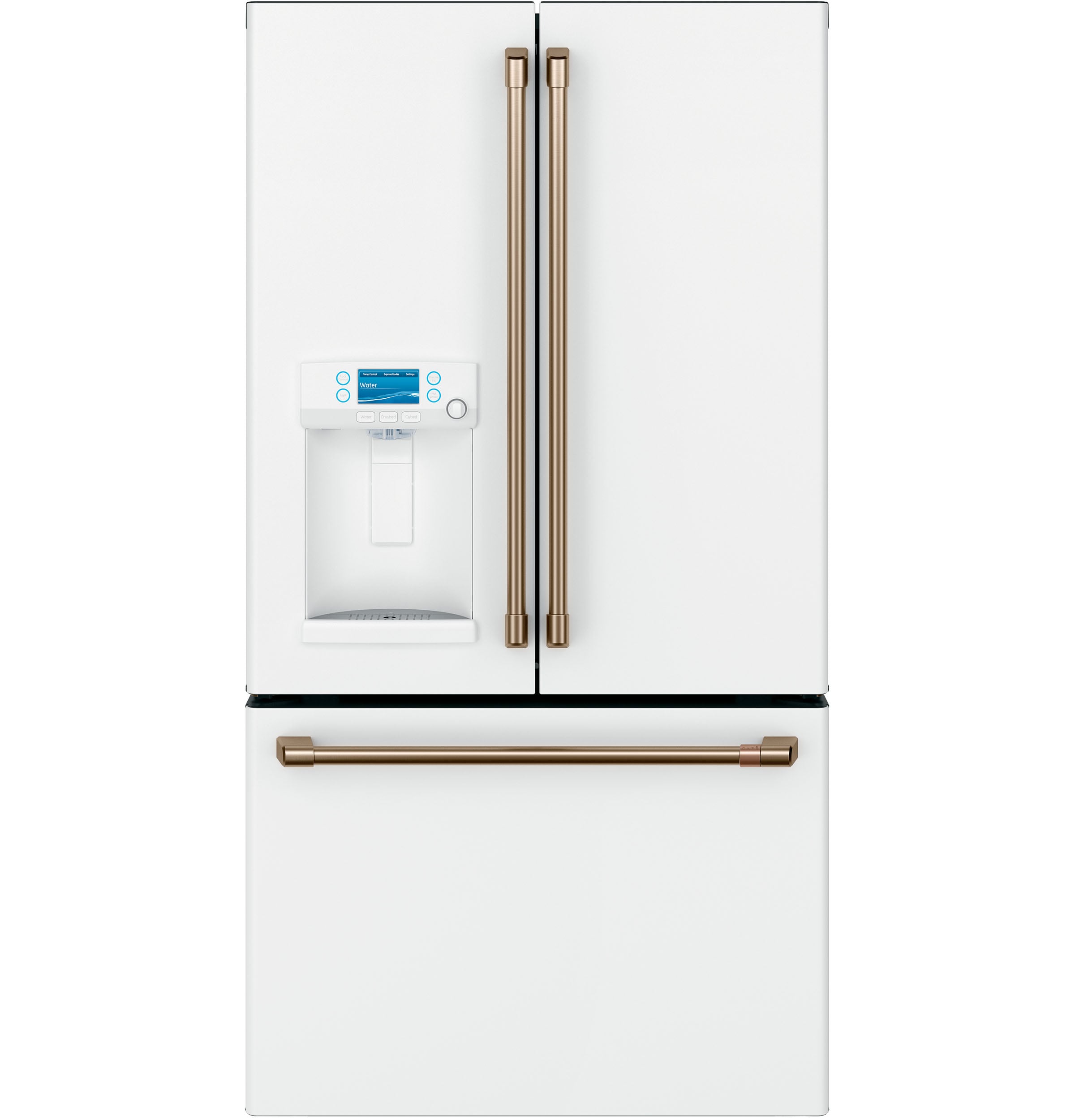 Refrigerador francés de puertas triples compatible con tecnología inteligente y dispensador de hielo y agua (Blanco Mate) con una capacidad de 22.2 pies cúbicos y profundidad de mostrador, certificado ENERGY STAR CYE22TP4MW2.