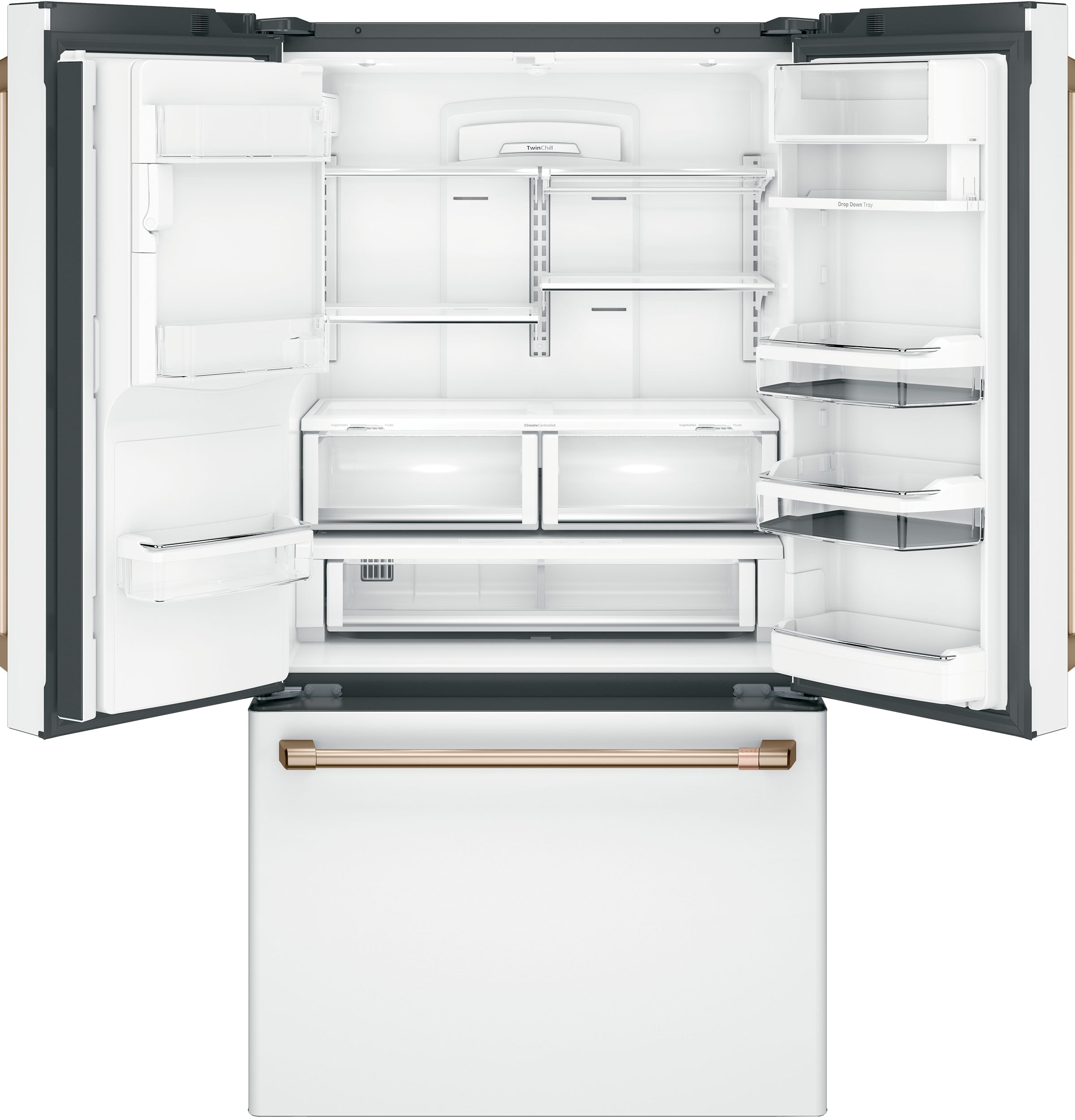 Refrigerador francés de puertas triples compatible con tecnología inteligente y dispensador de hielo y agua (Blanco Mate) con una capacidad de 22.2 pies cúbicos y profundidad de mostrador, certificado ENERGY STAR CYE22TP4MW2.