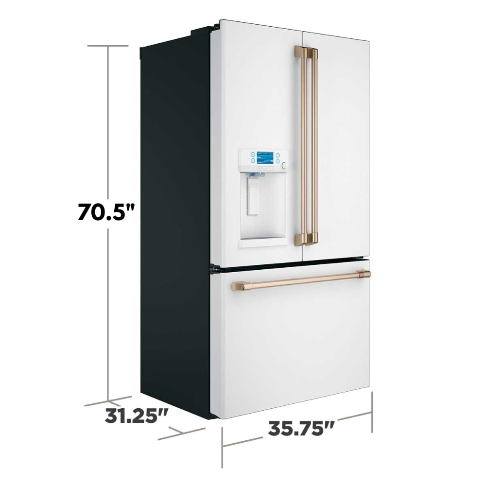 Refrigerador francés de puertas triples compatible con tecnología inteligente y dispensador de hielo y agua (Blanco Mate) con una capacidad de 22.2 pies cúbicos y profundidad de mostrador, certificado ENERGY STAR CYE22TP4MW2.