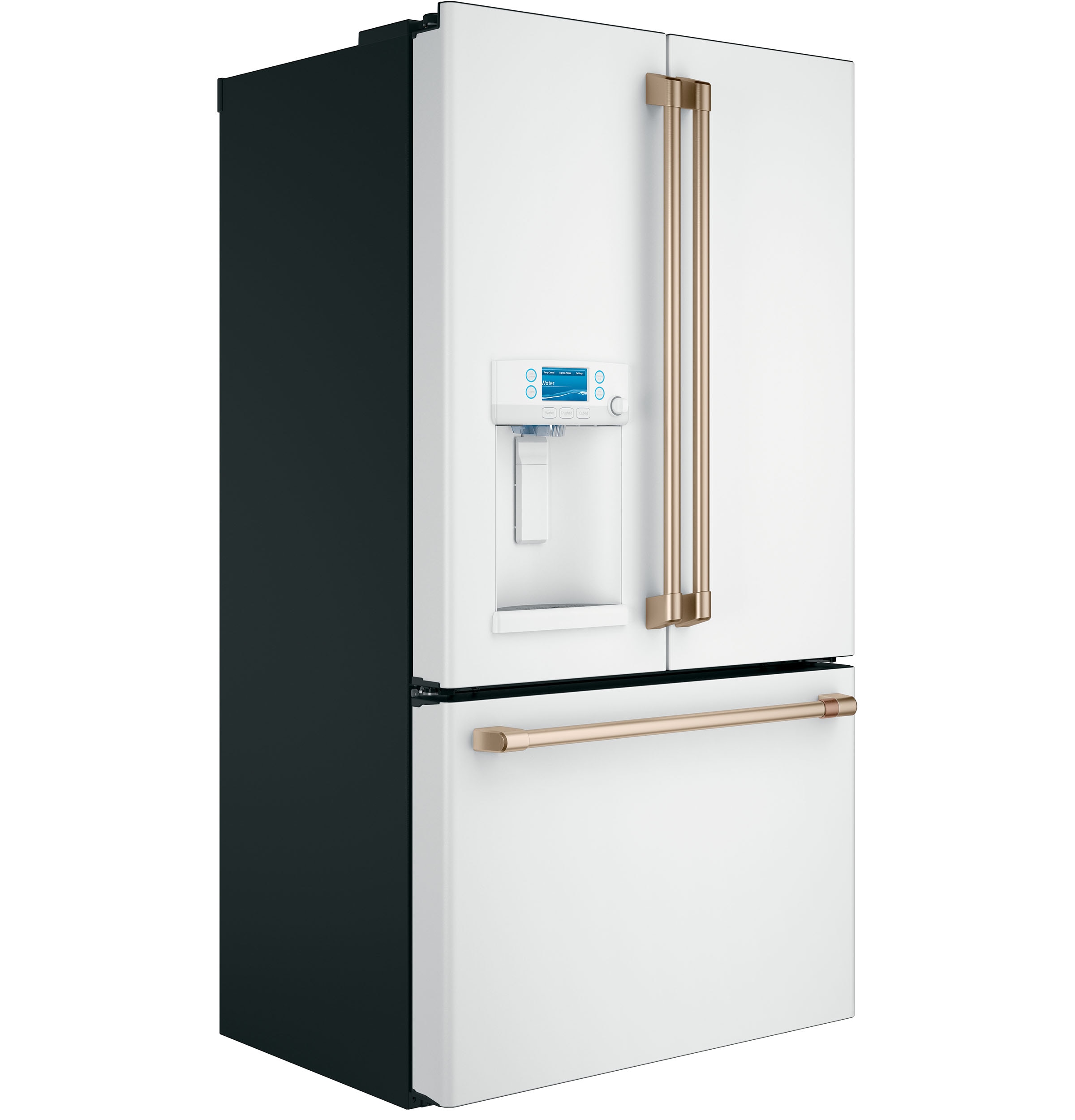 Refrigerador francés de puertas triples compatible con tecnología inteligente y dispensador de hielo y agua (Blanco Mate) con una capacidad de 22.2 pies cúbicos y profundidad de mostrador, certificado ENERGY STAR CYE22TP4MW2.