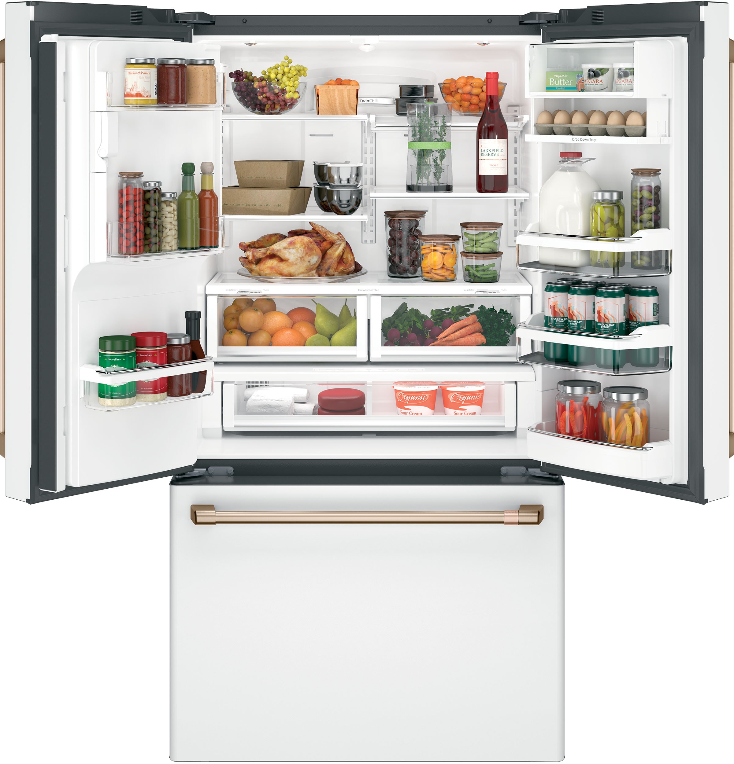 Refrigerador francés de puertas triples compatible con tecnología inteligente y dispensador de hielo y agua (Blanco Mate) con una capacidad de 22.2 pies cúbicos y profundidad de mostrador, certificado ENERGY STAR CYE22TP4MW2.