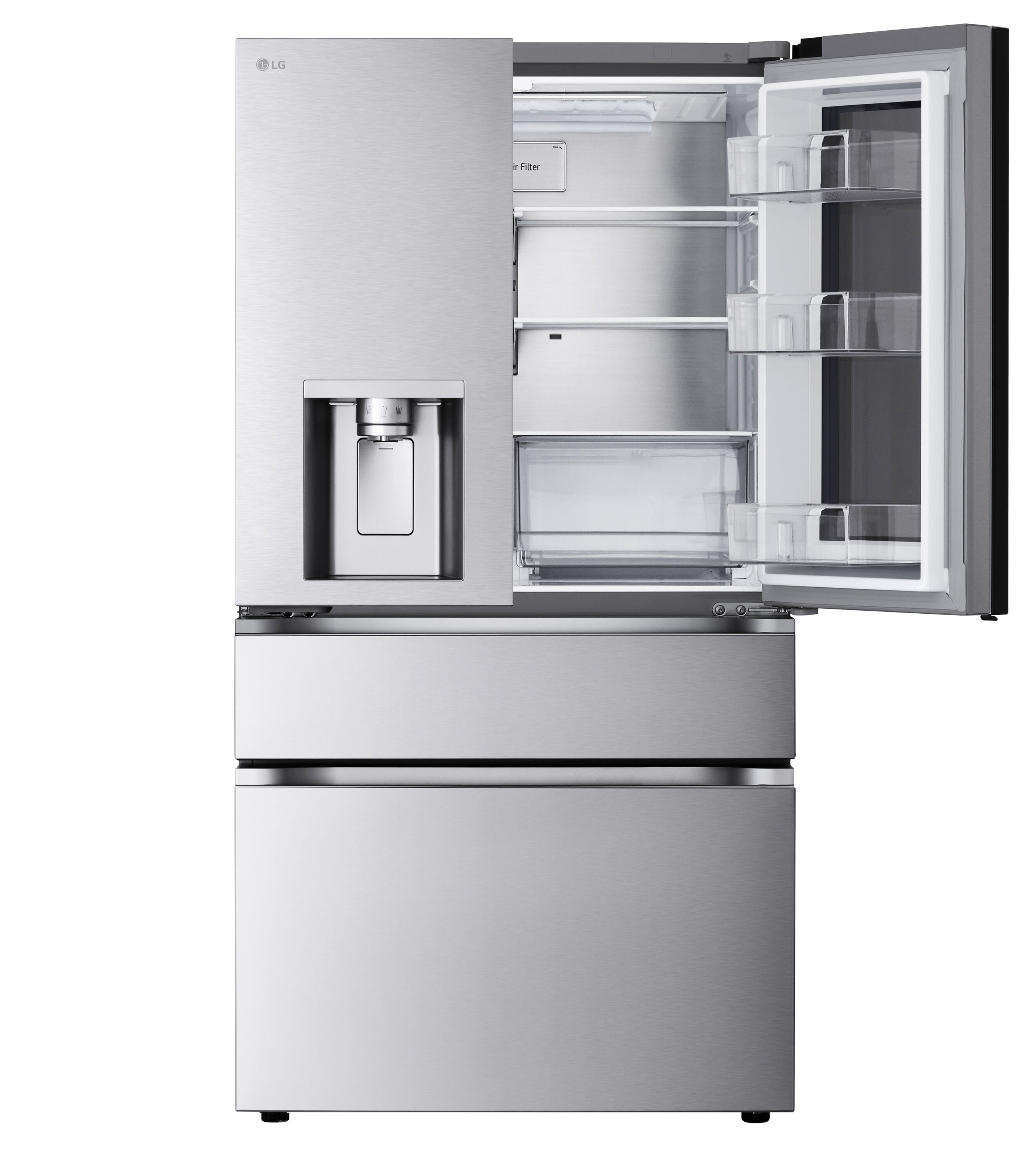 Refrigerador francés de 4 puertas LG InstaView MyColor de 28.6 pies cúbicos de profundidad estándar, con doble fabricador de hielo, dispensador de agua y hielo, y puerta dentro de puerta (Acero Inoxidable PrintProof), compatible con tecnología inteligente ENERGY STAR certificada LF29S8365S