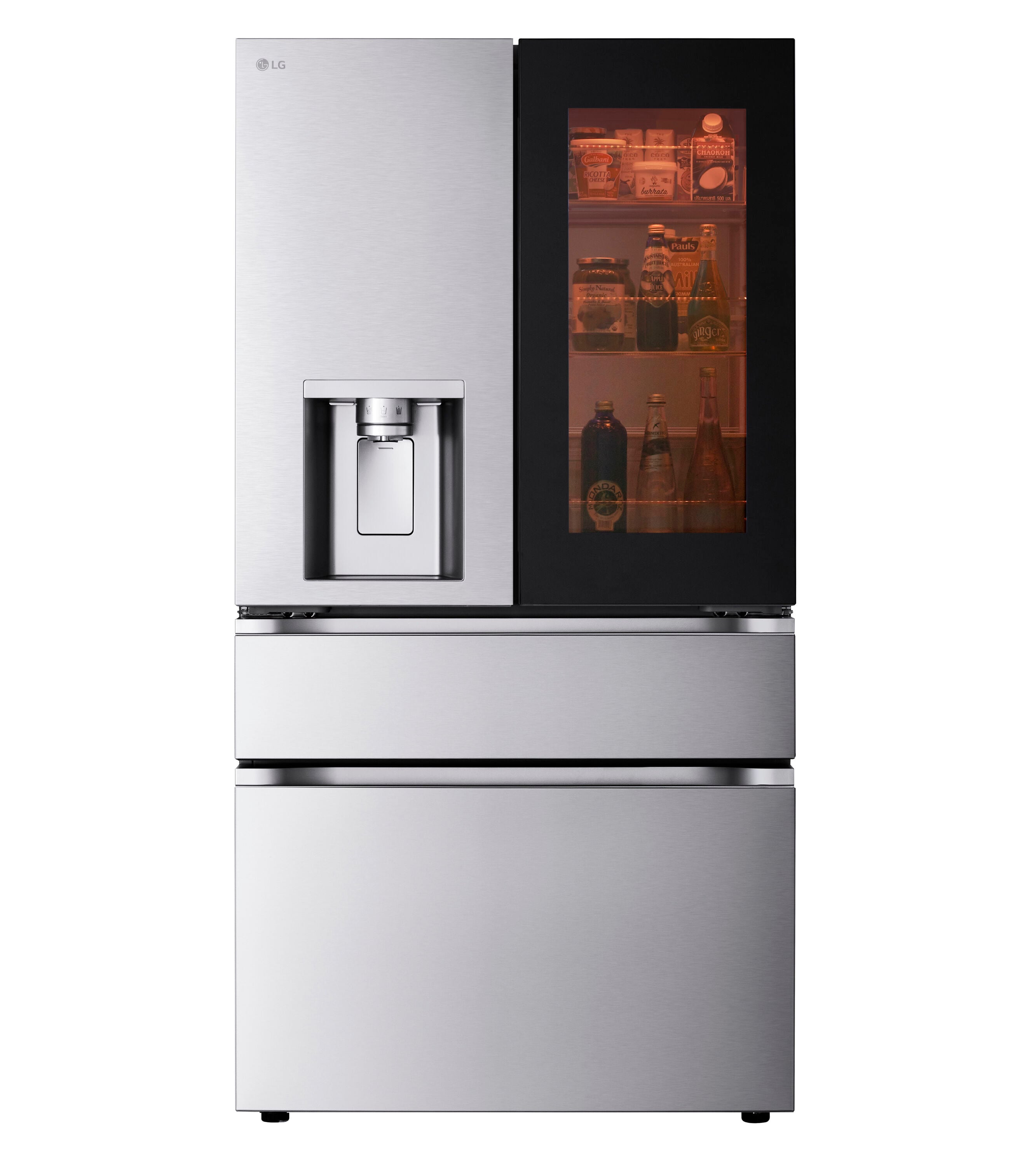 Refrigerador francés de 4 puertas LG InstaView MyColor de 28.6 pies cúbicos de profundidad estándar, con doble fabricador de hielo, dispensador de agua y hielo, y puerta dentro de puerta (Acero Inoxidable PrintProof), compatible con tecnología inteligente ENERGY STAR certificada LF29S8365S