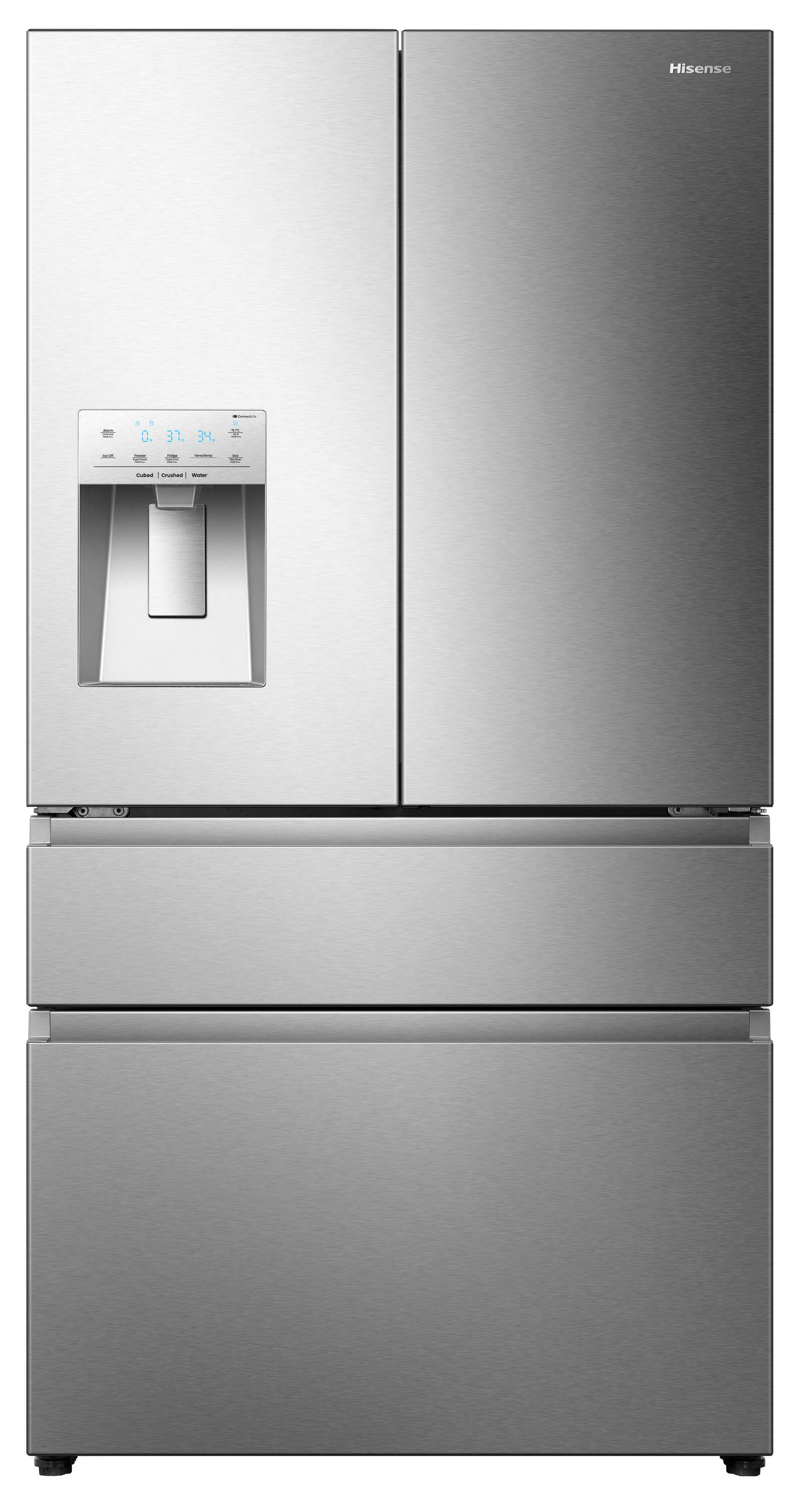 Refrigerador Hisense PureFlat de puerta francesa estándar con profundidad de 25.6 pies cúbicos y 4 puertas, compatible con Smart, con fabricador de hielo y dispensador de agua y hielo (acero inoxidable) Certificado ENERGY STAR HRM260N6TSE