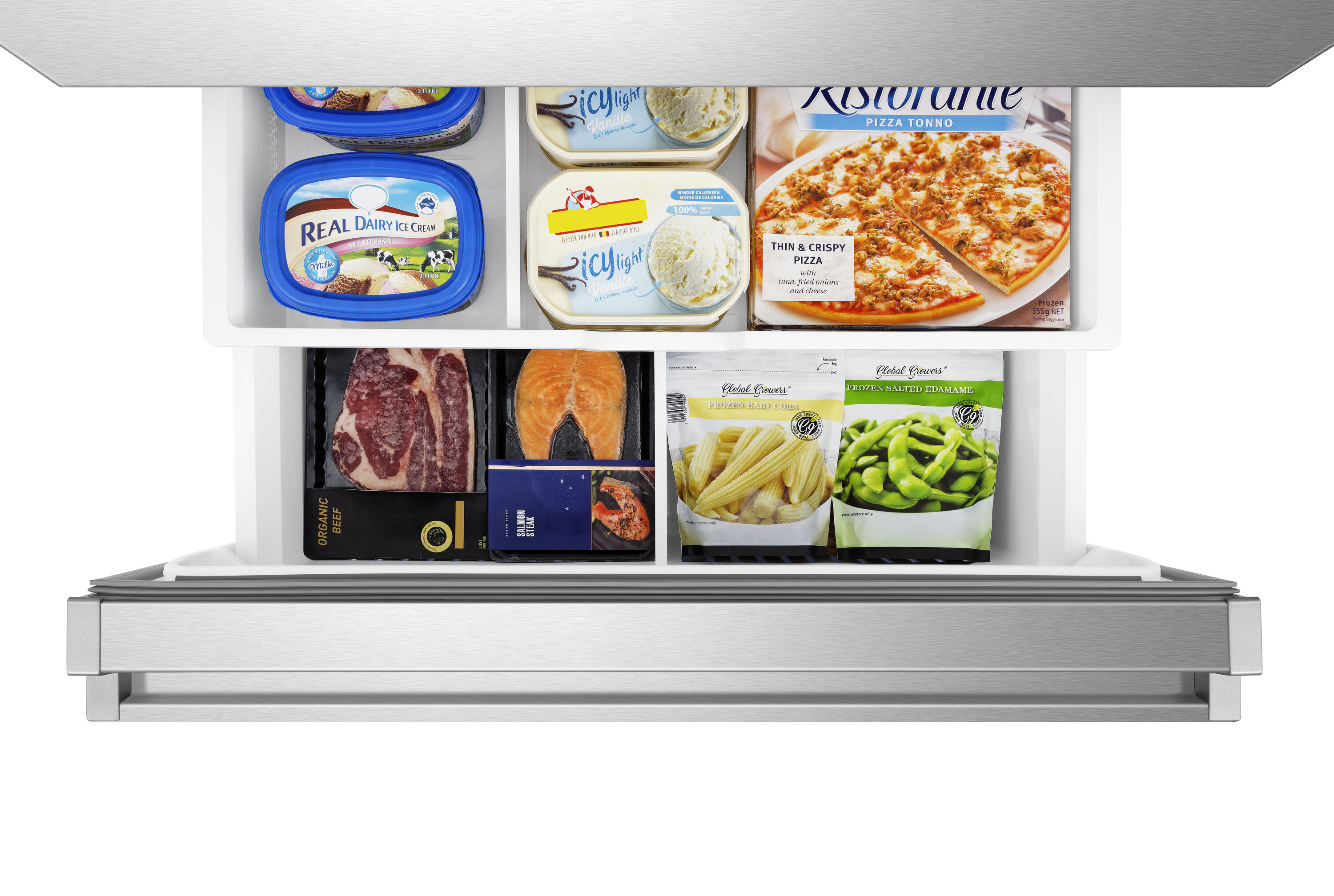 Refrigerador Hisense PureFlat de puerta francesa estándar con profundidad de 25.6 pies cúbicos y 4 puertas, compatible con Smart, con fabricador de hielo y dispensador de agua y hielo (acero inoxidable) Certificado ENERGY STAR HRM260N6TSE