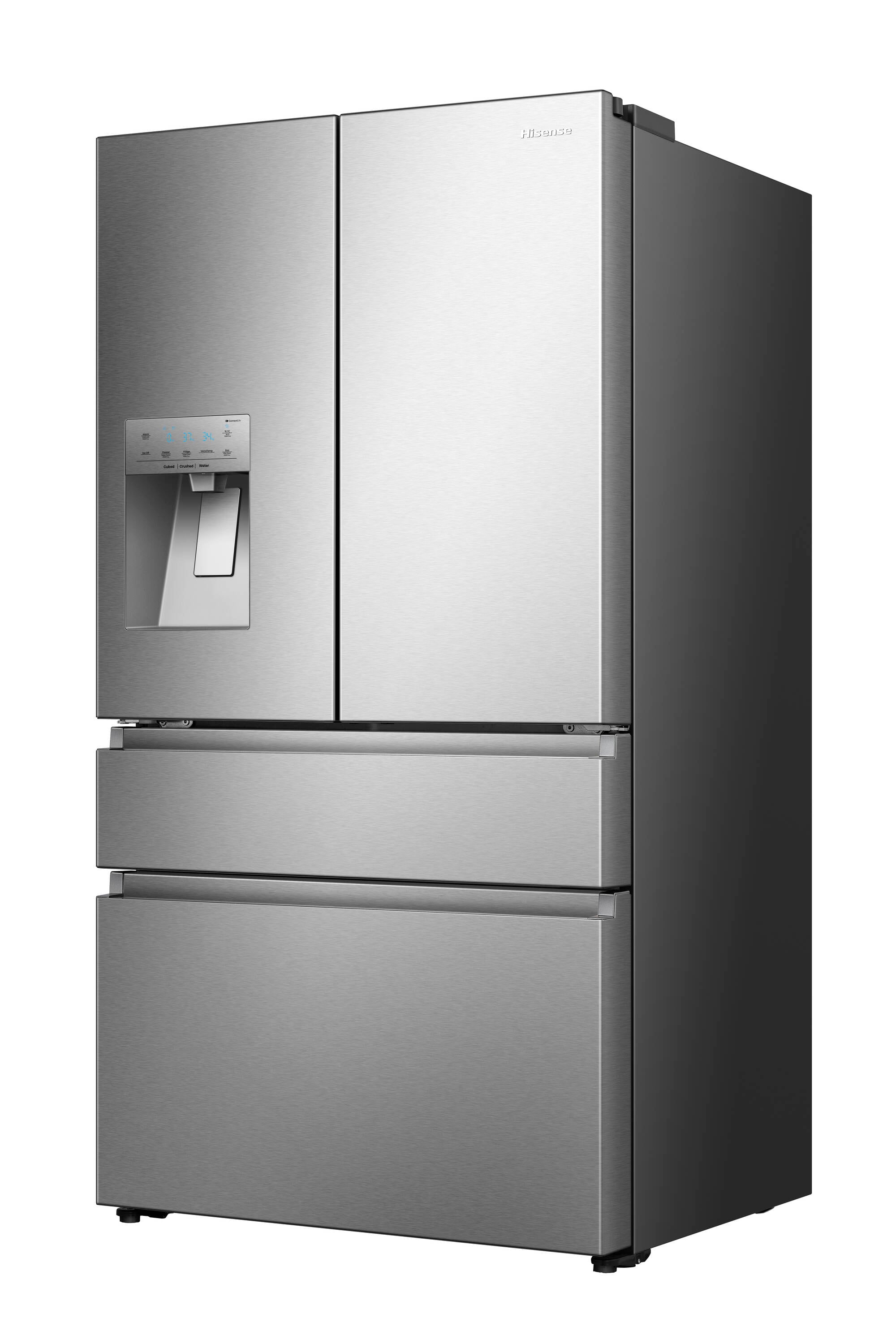 Refrigerador Hisense PureFlat de puerta francesa estándar con profundidad de 25.6 pies cúbicos y 4 puertas, compatible con Smart, con fabricador de hielo y dispensador de agua y hielo (acero inoxidable) Certificado ENERGY STAR HRM260N6TSE